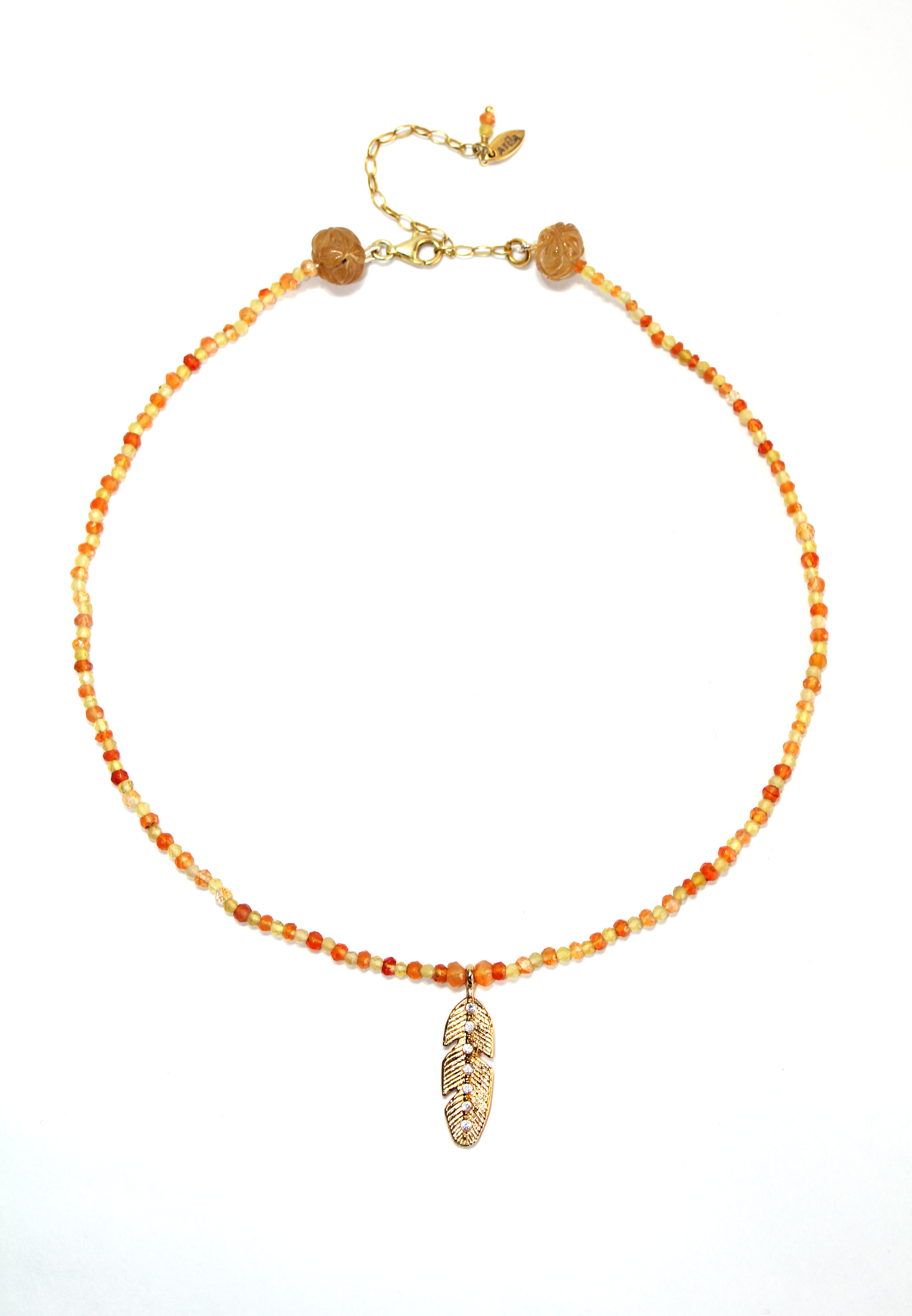 Necklace with yellow opal and carnelian feathers in gold plated silver.