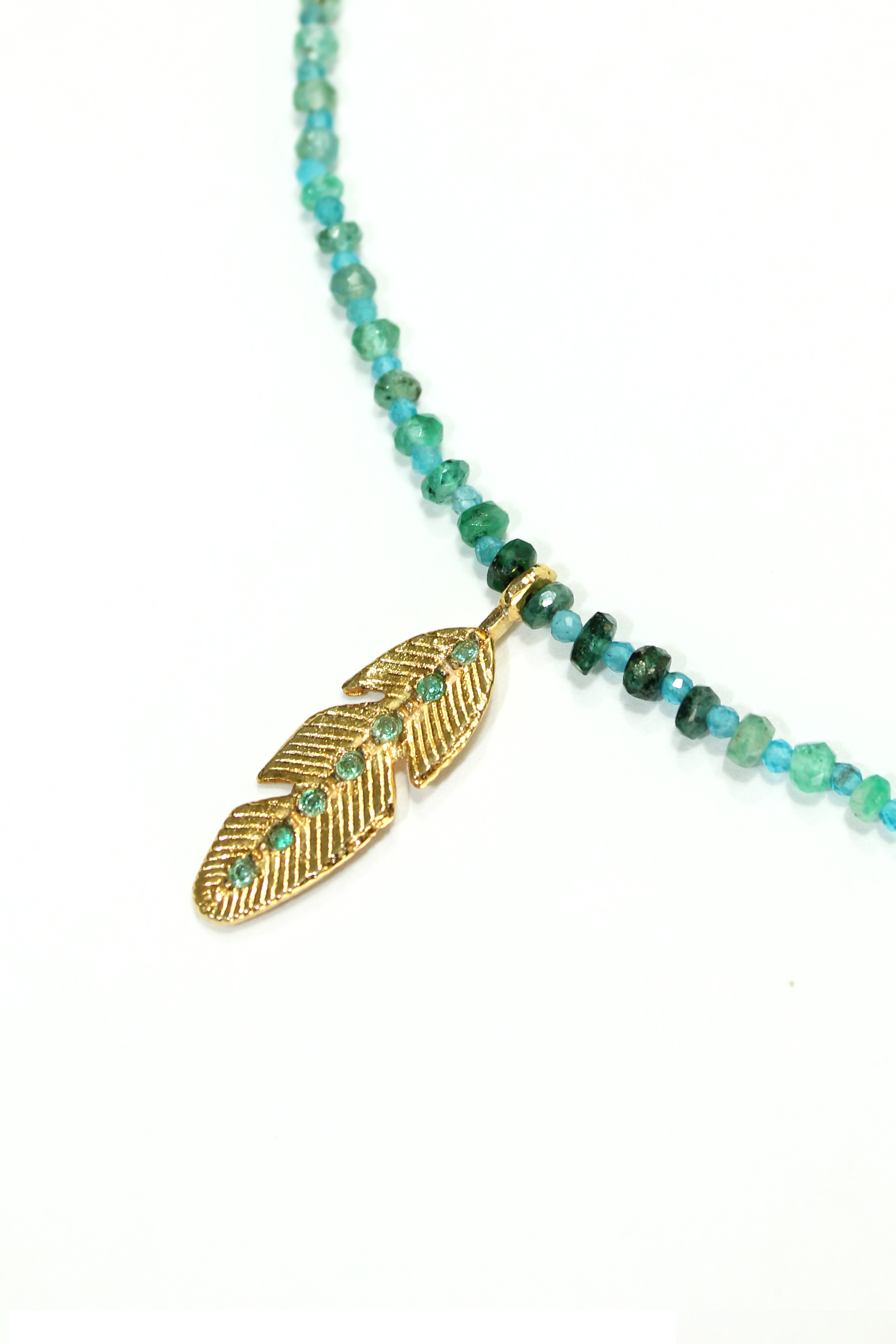 Apatite and Emerald Feather Necklace in Silver with Gold Plating.