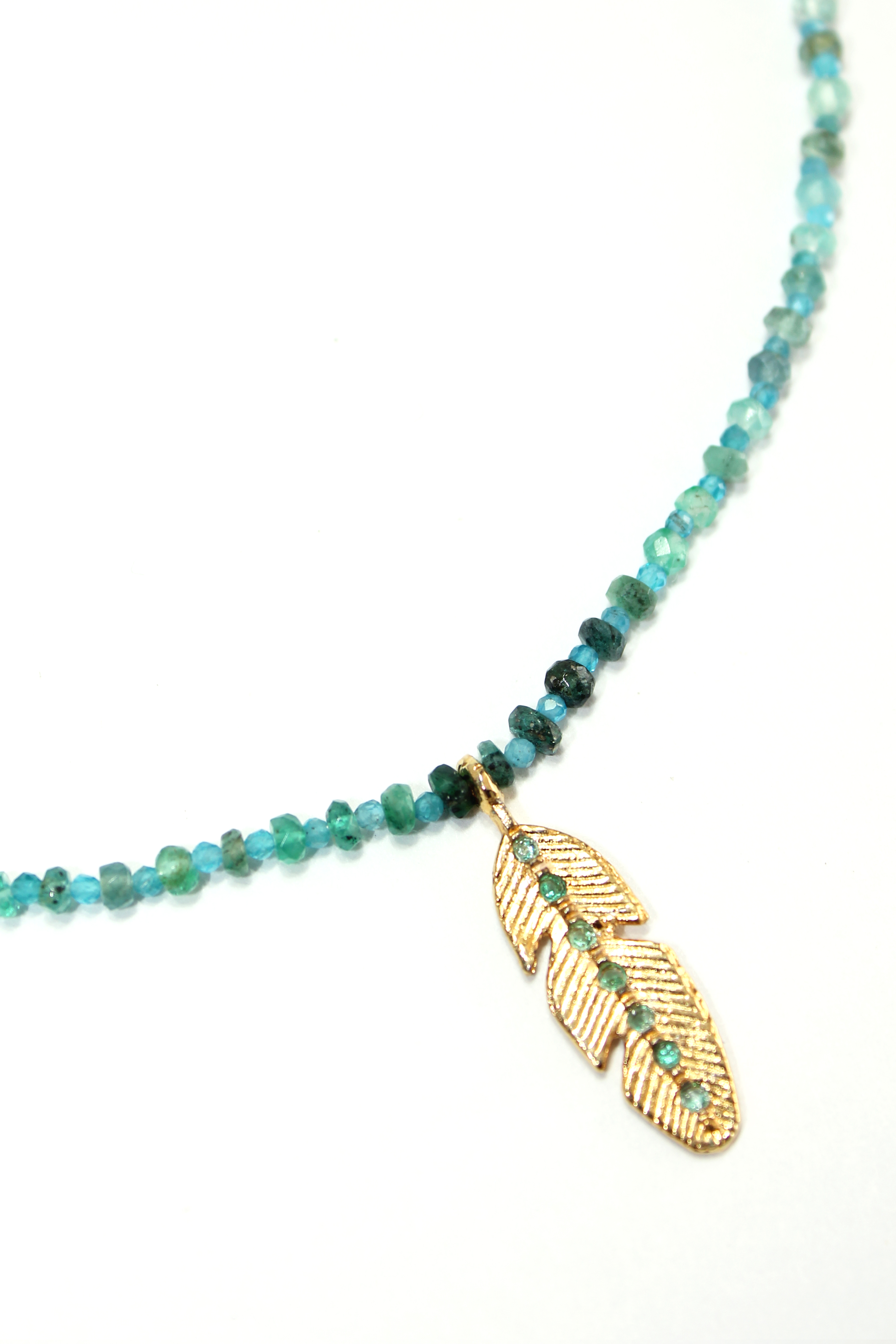 Apatite and Emerald Feather Necklace in Silver with Gold Plating.