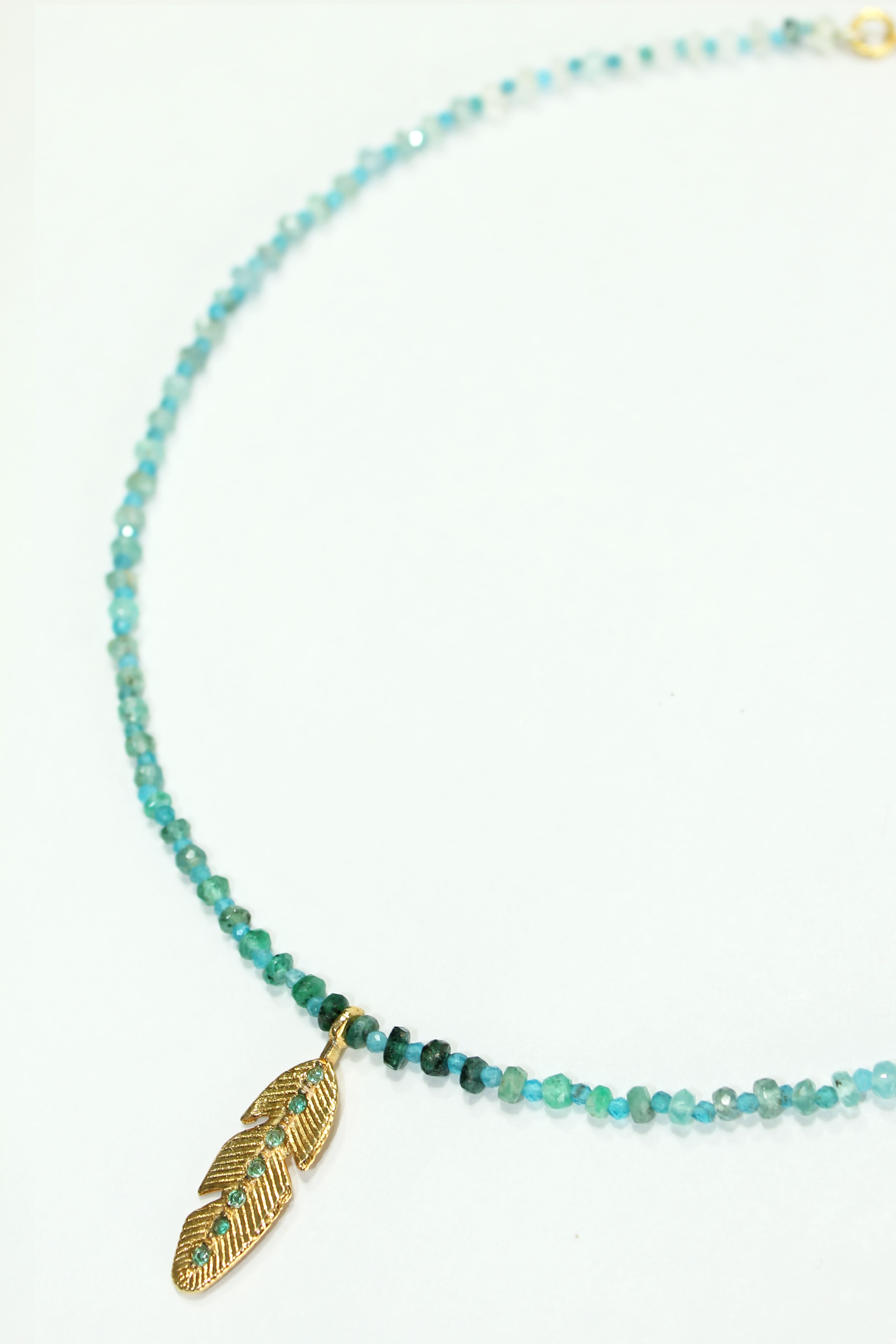 Apatite and Emerald Feather Necklace in Silver with Gold Plating.