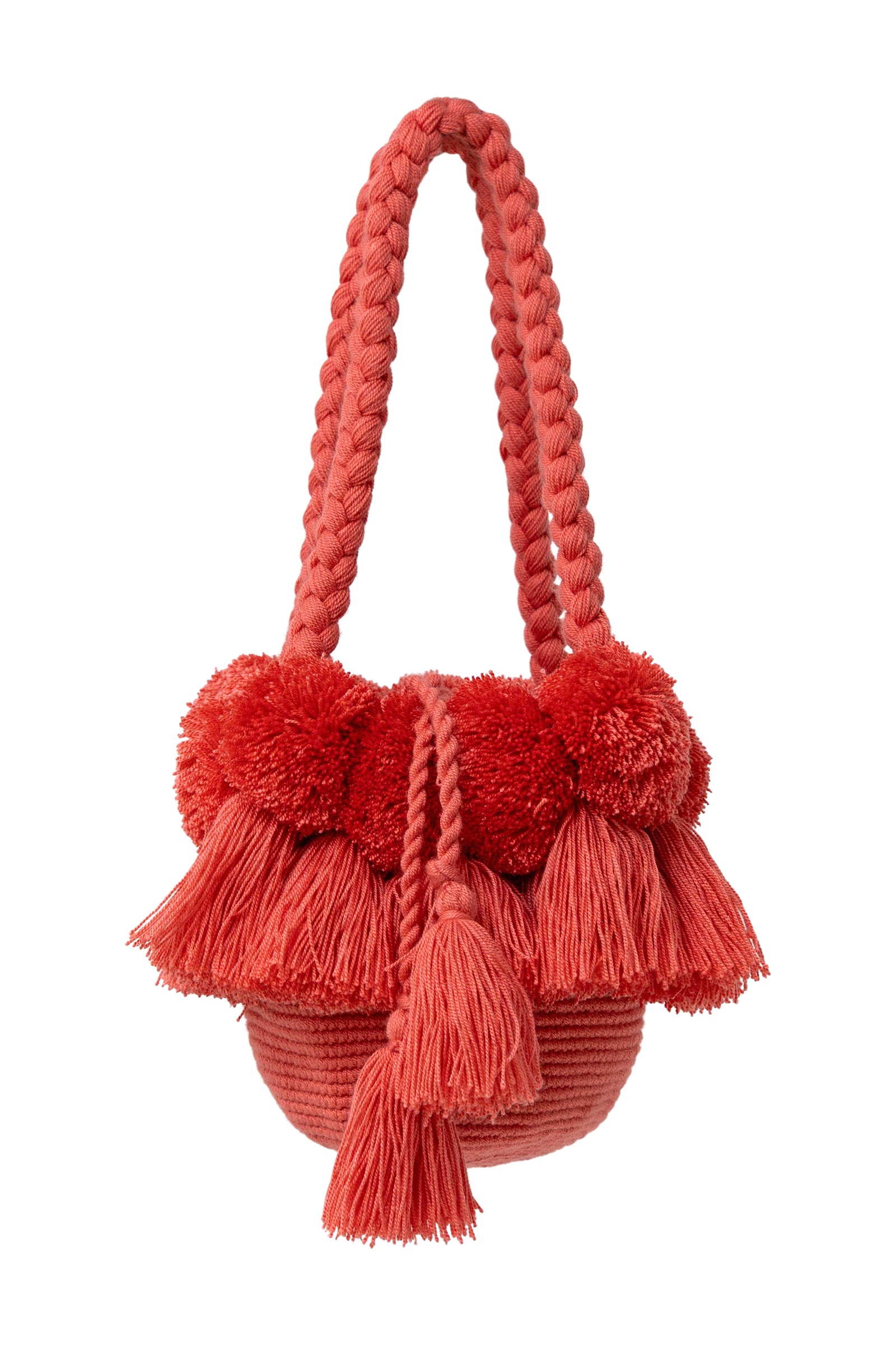Mochila flecos y pompones coral