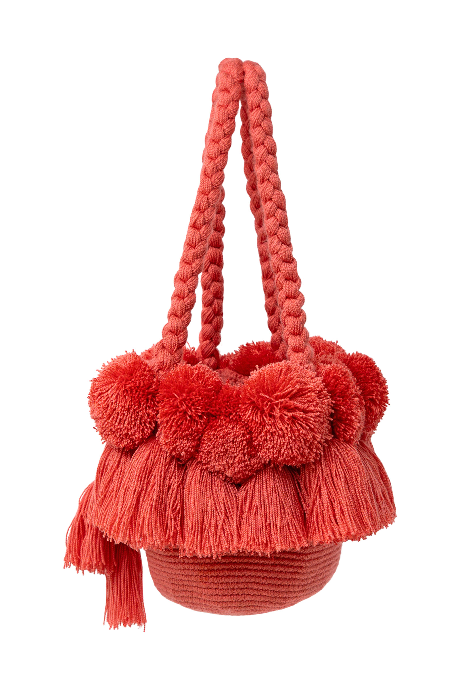 Mochila flecos y pompones coral