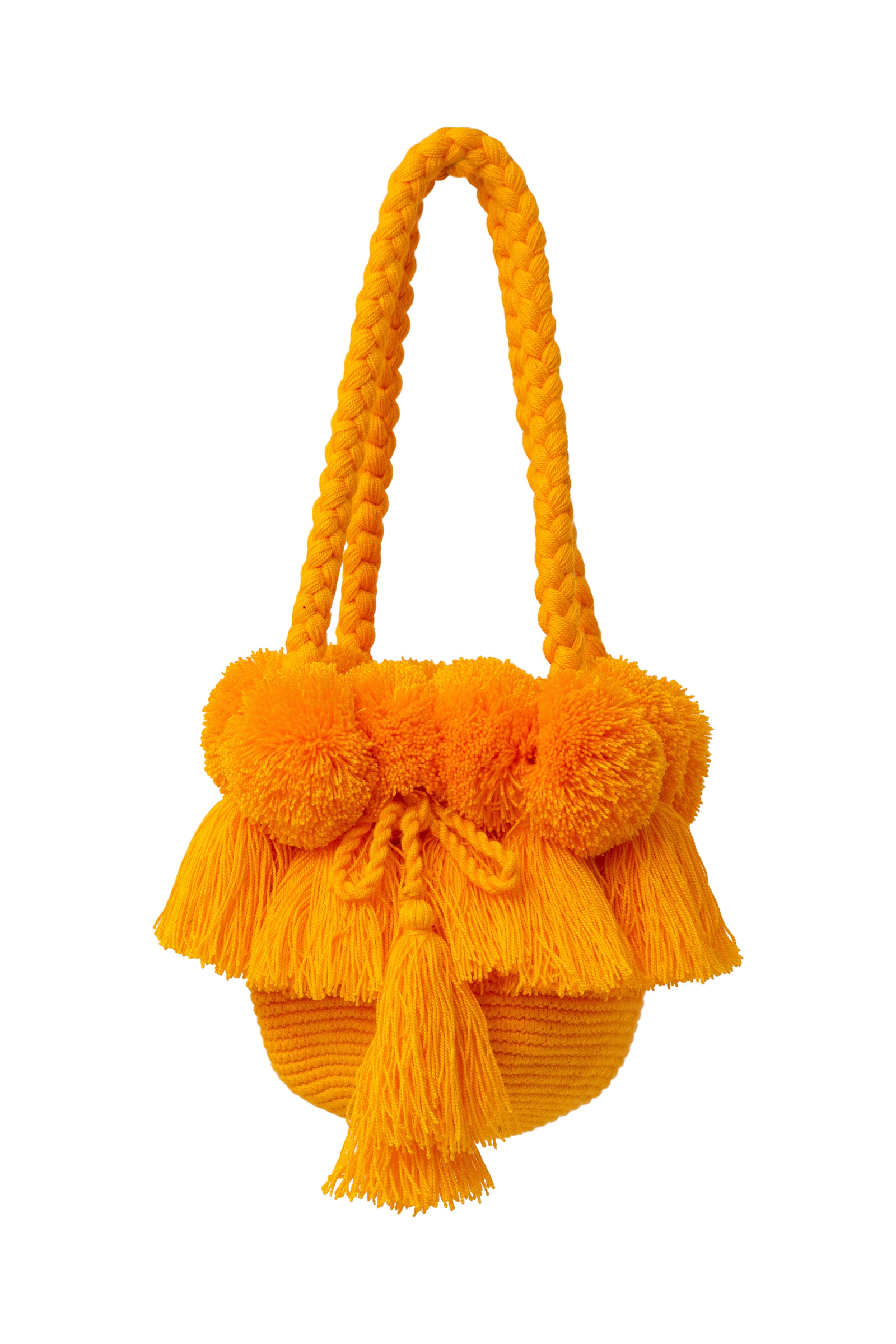 Mochila flecos y pompones mostaza