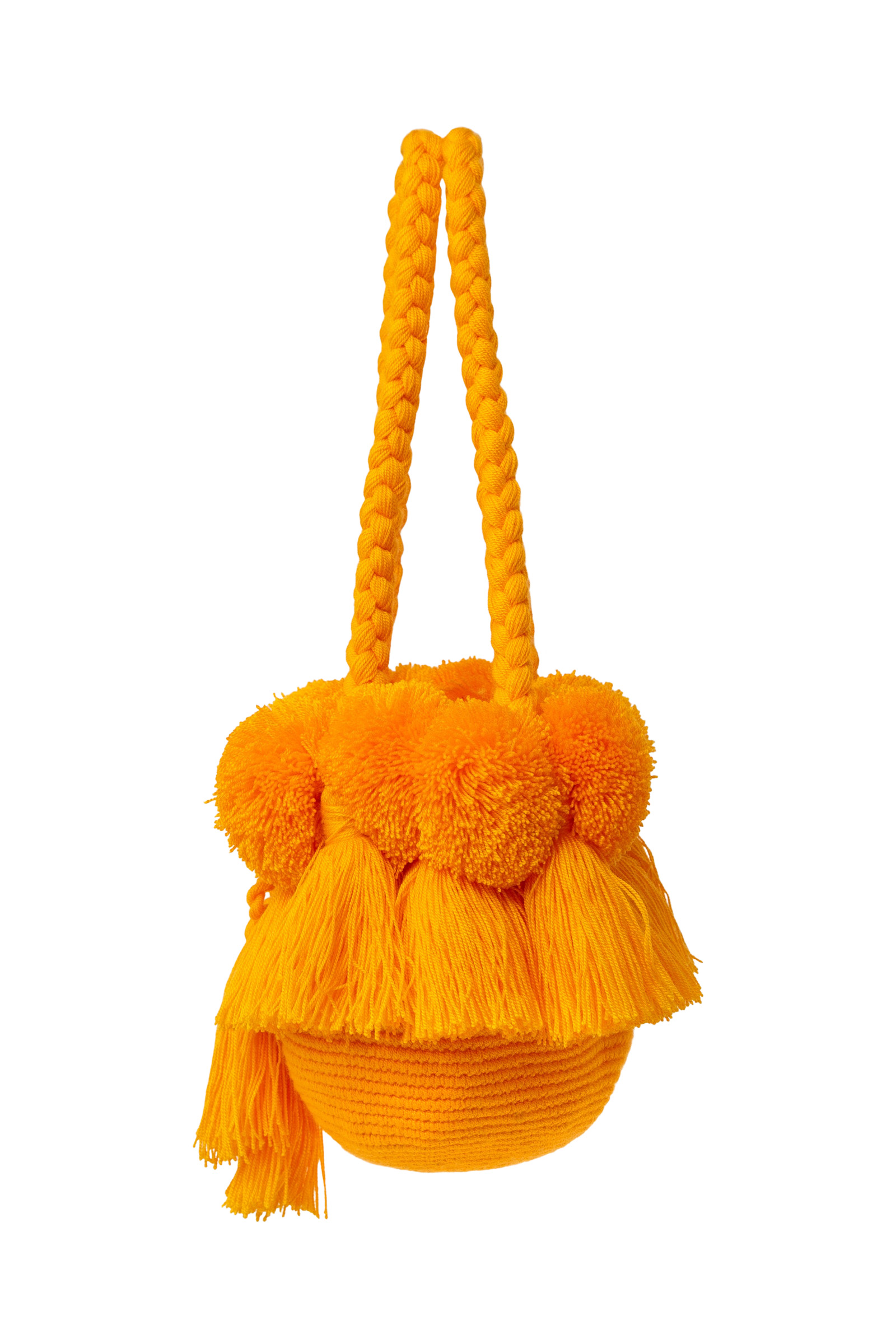 Mochila flecos y pompones mostaza