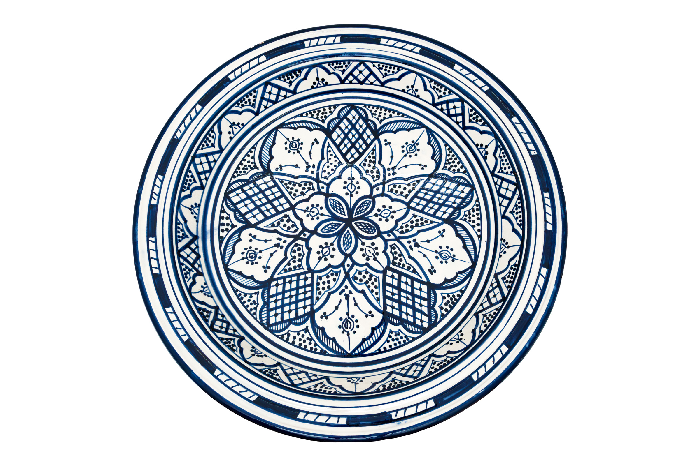 Moroccan ceramic tray painted with geometric arabesque design, White/Blue.