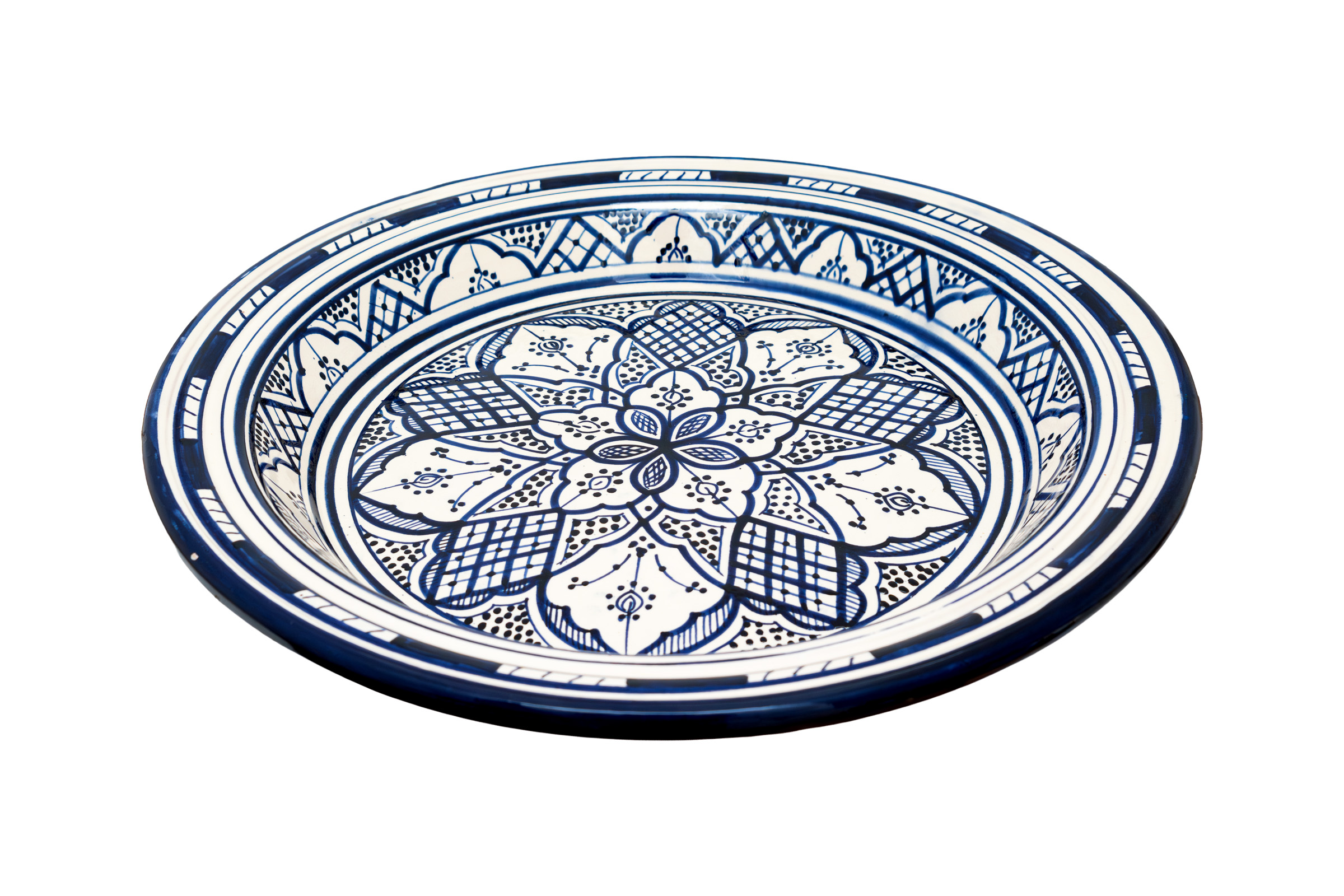 Moroccan ceramic tray painted with geometric arabesque design, White/Blue.