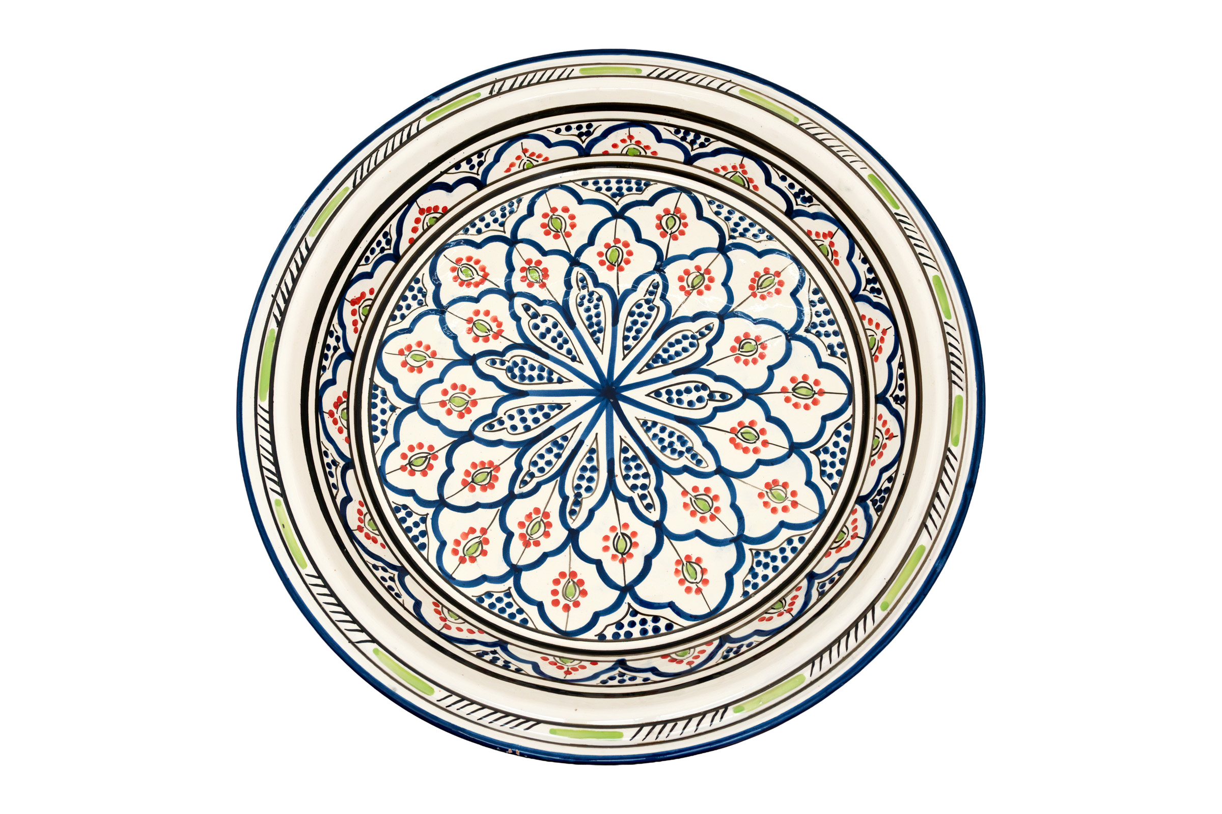 Moroccan ceramic tray painted with geometric arabesque design, White/Blue/Red.