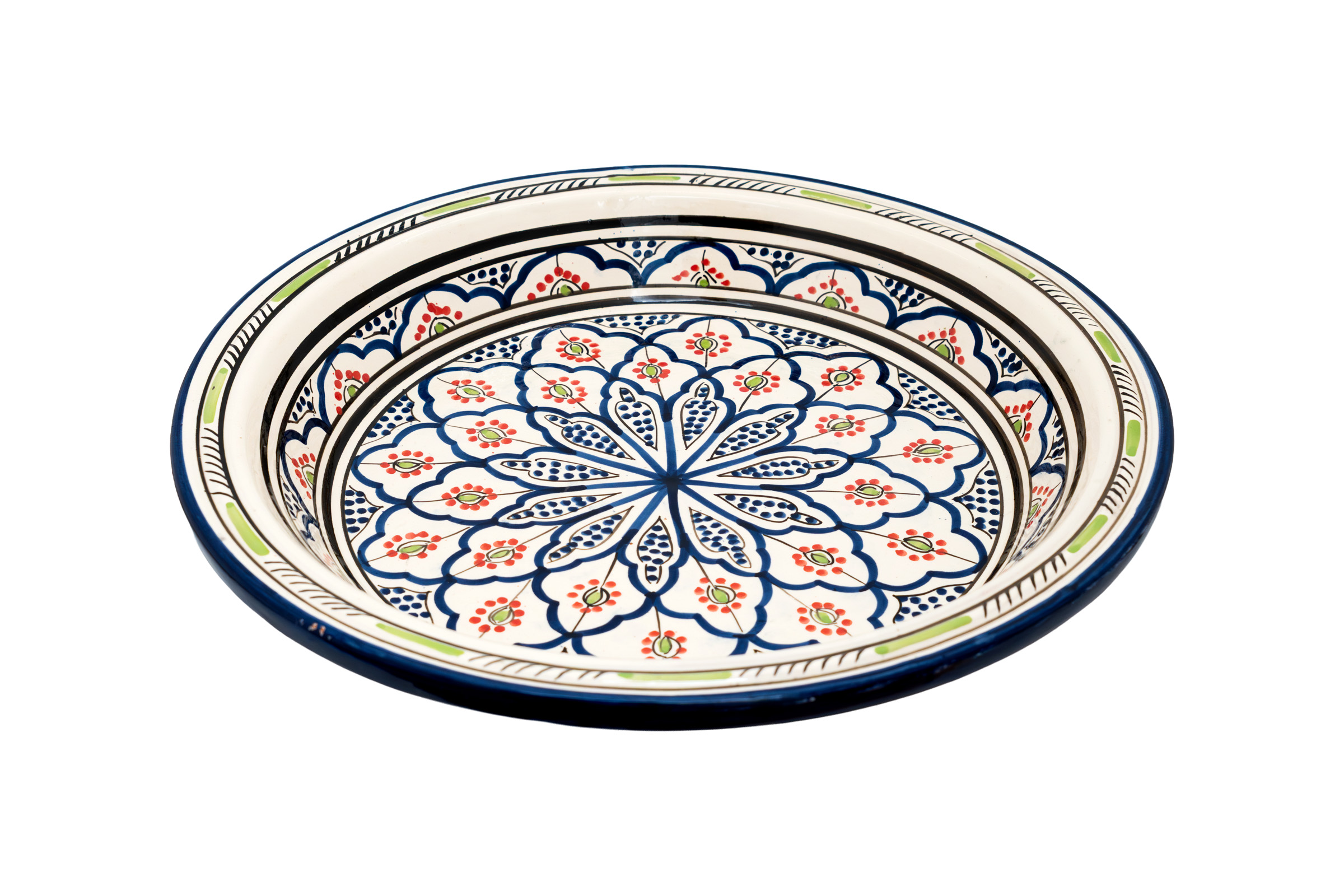 Moroccan ceramic tray painted with geometric arabesque design, White/Blue/Red.