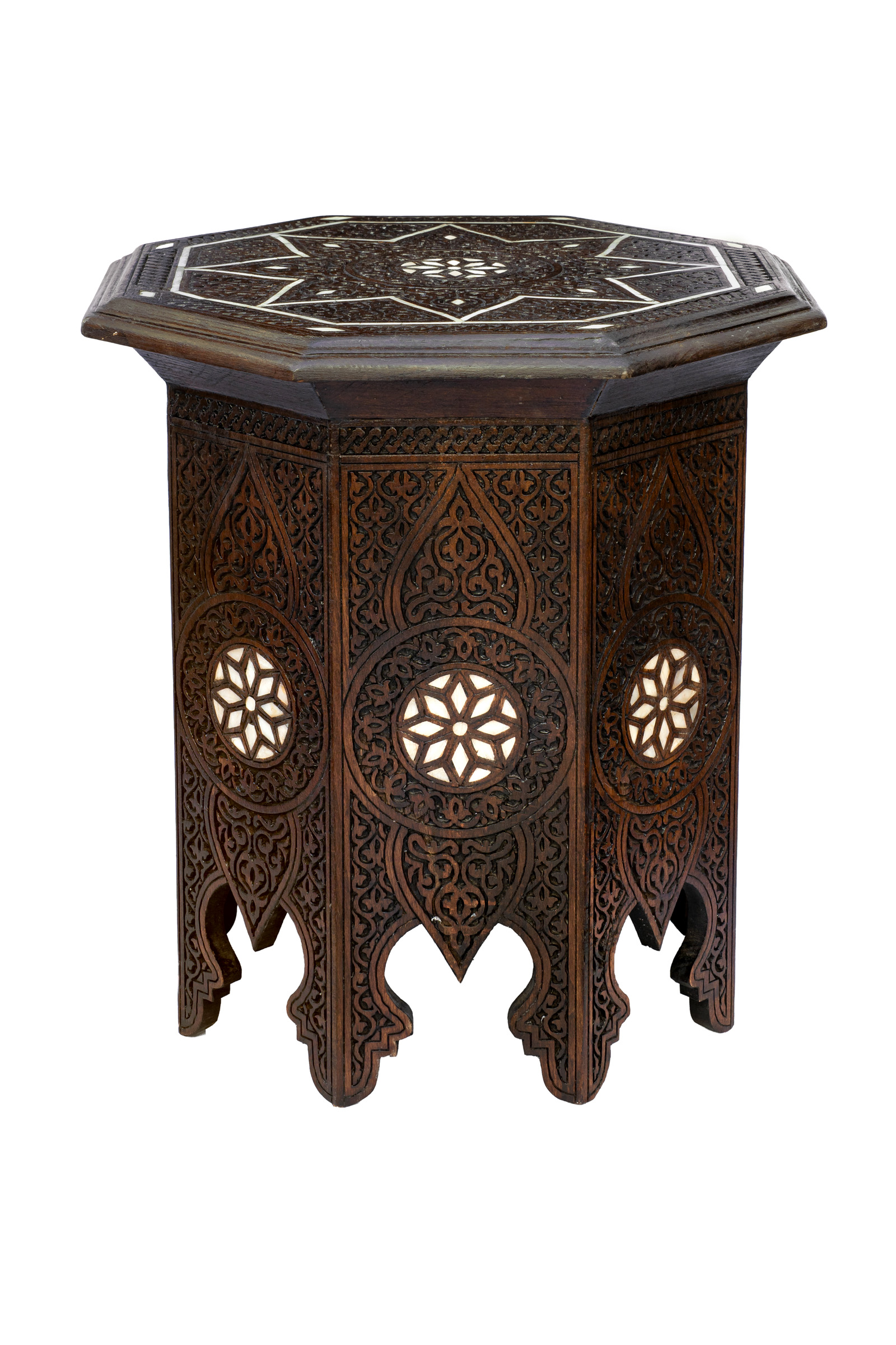Moroccan side table with mother-of-pearl inlay.