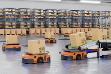 Robots moving boxes inside a warehouse