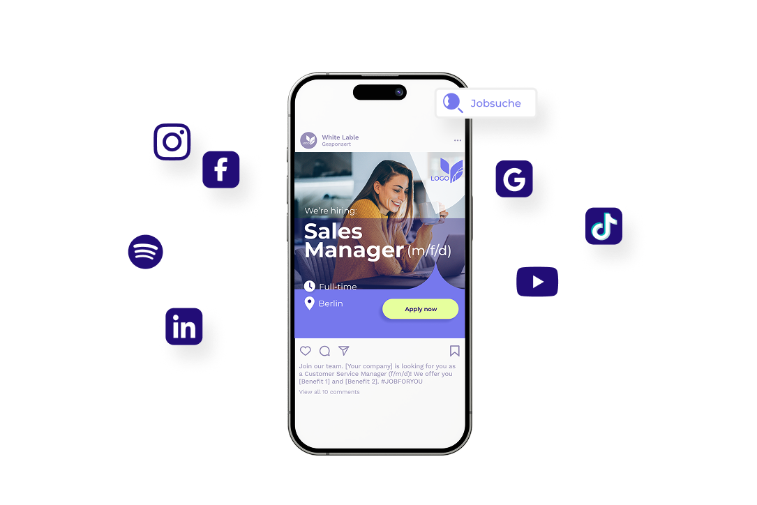 Social media job ad on a smartphone with channel icons