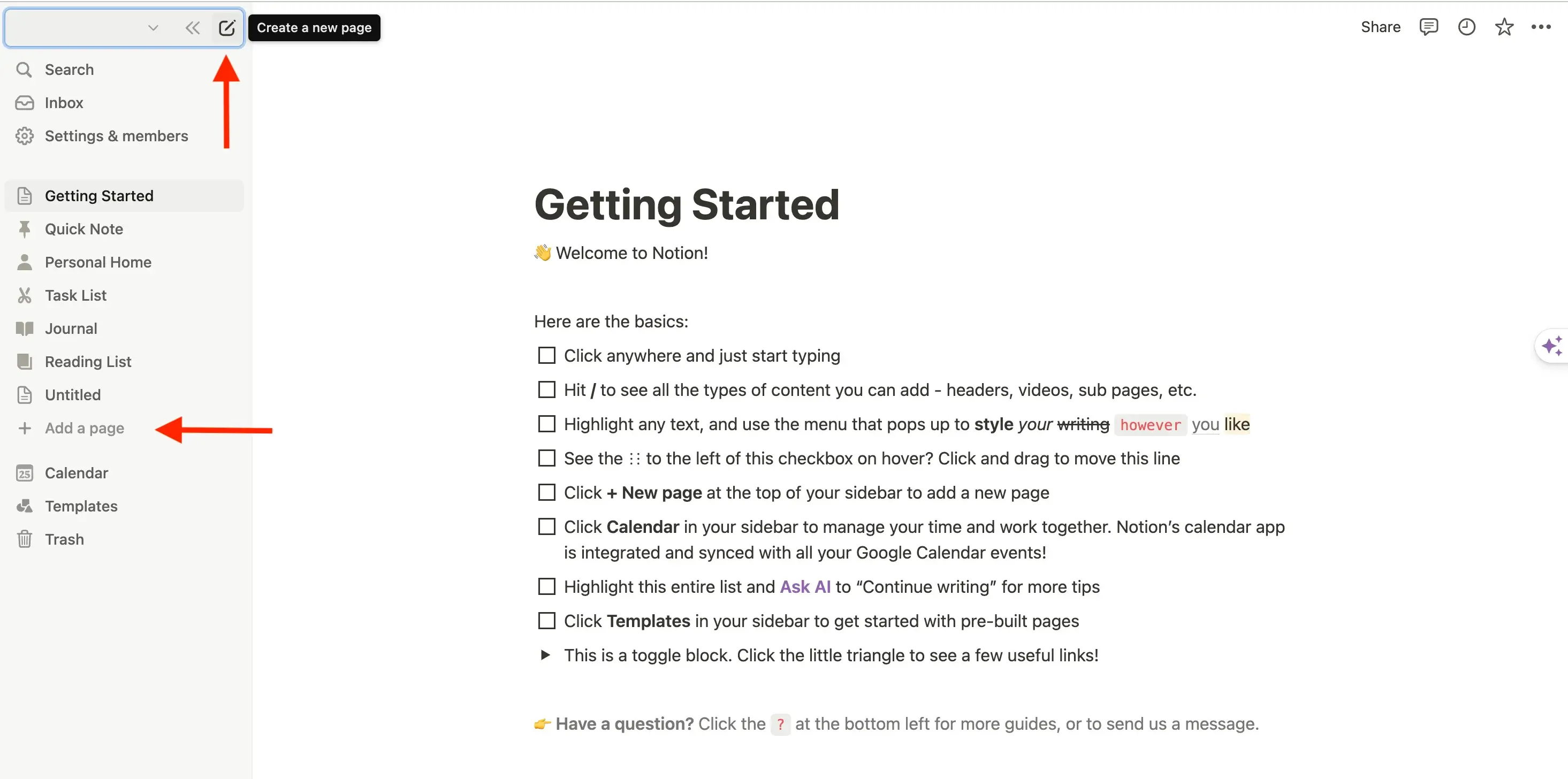 How to add a new page in Notion