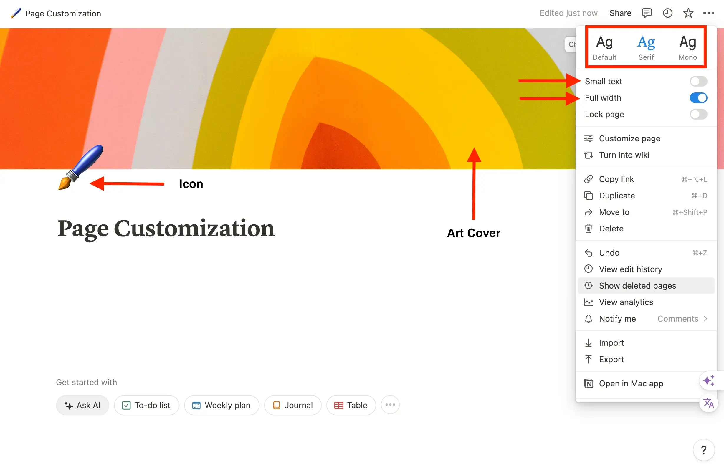 Customization of a page in Notion