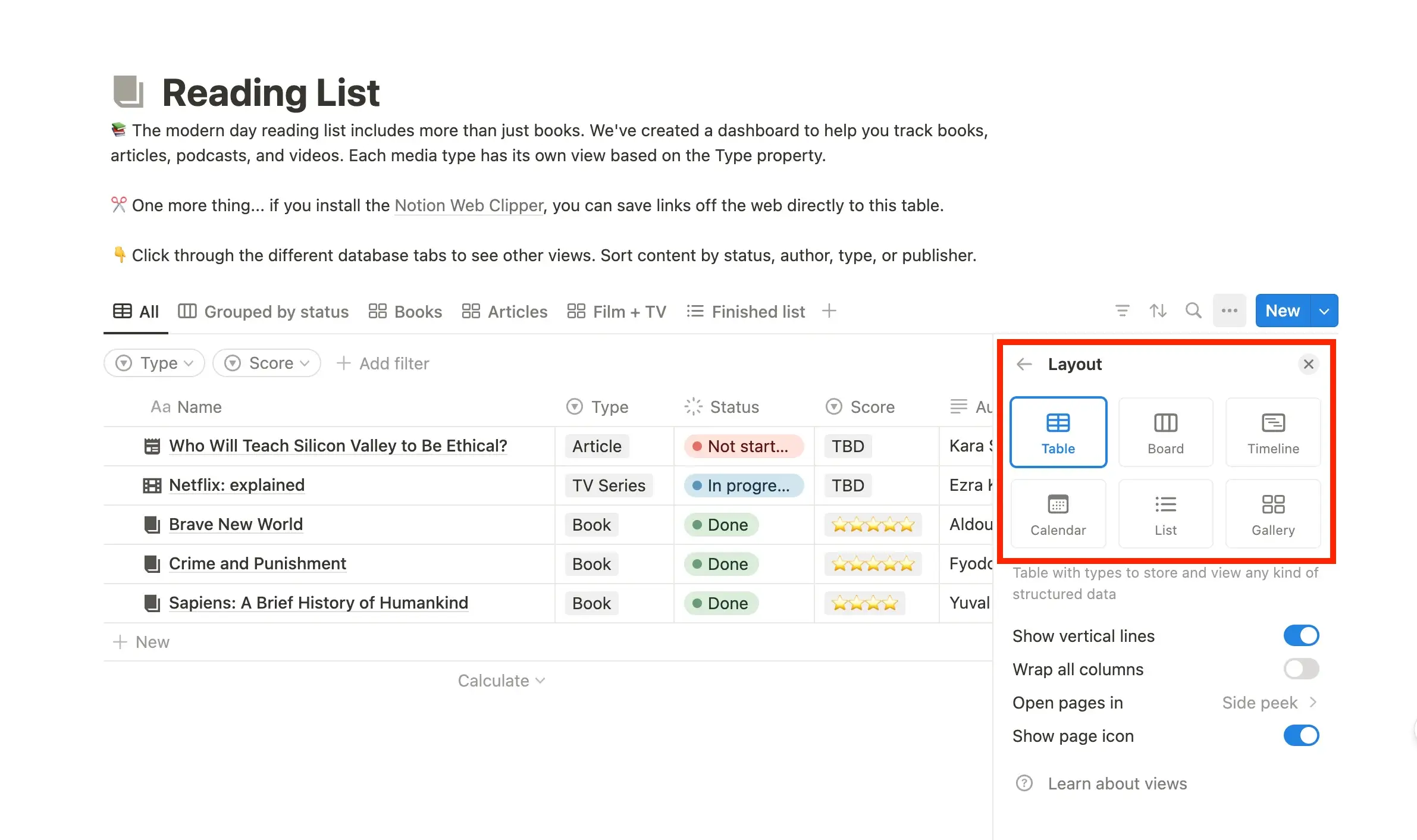 Database layouts in Notion