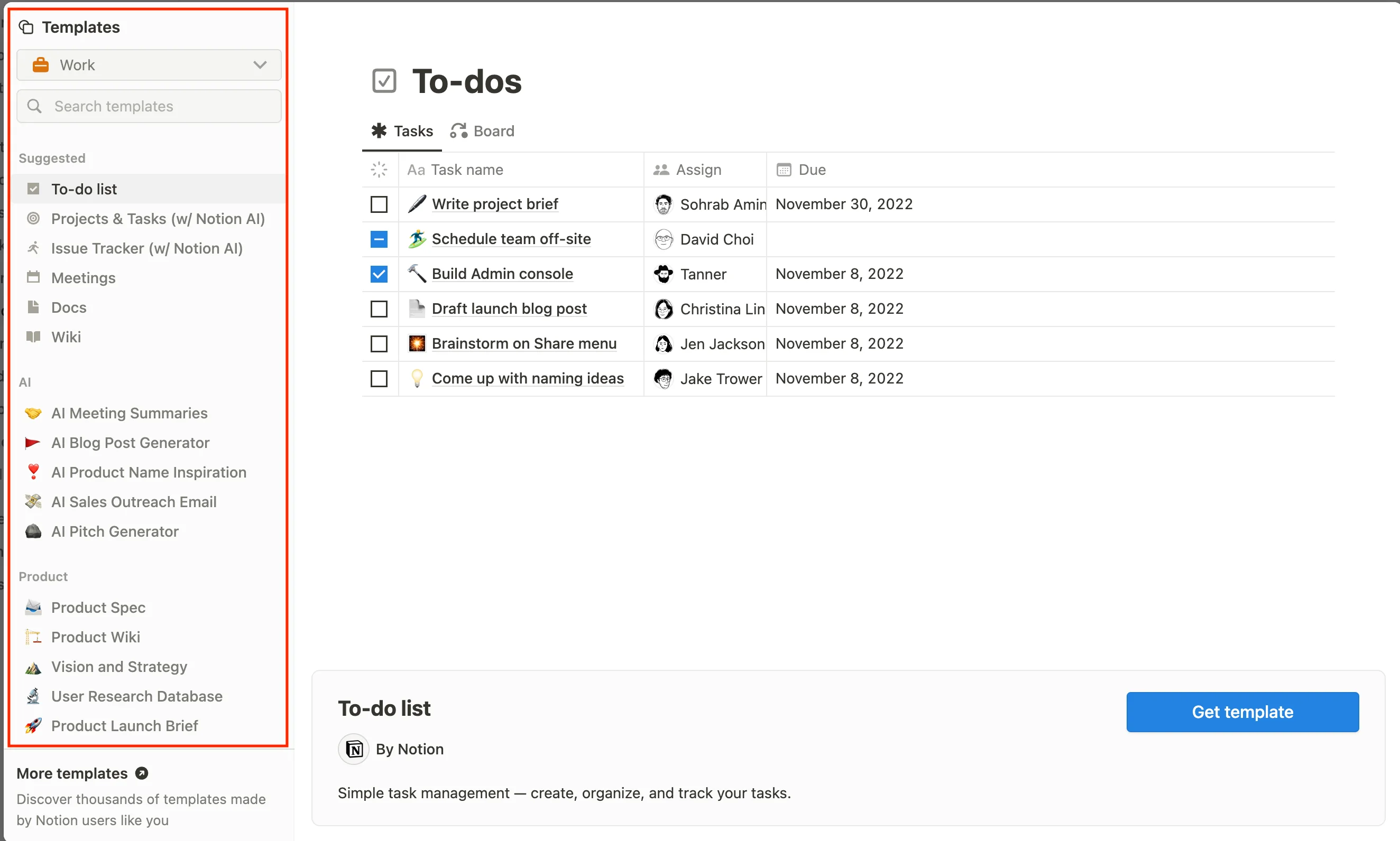 Templates categories in Notion