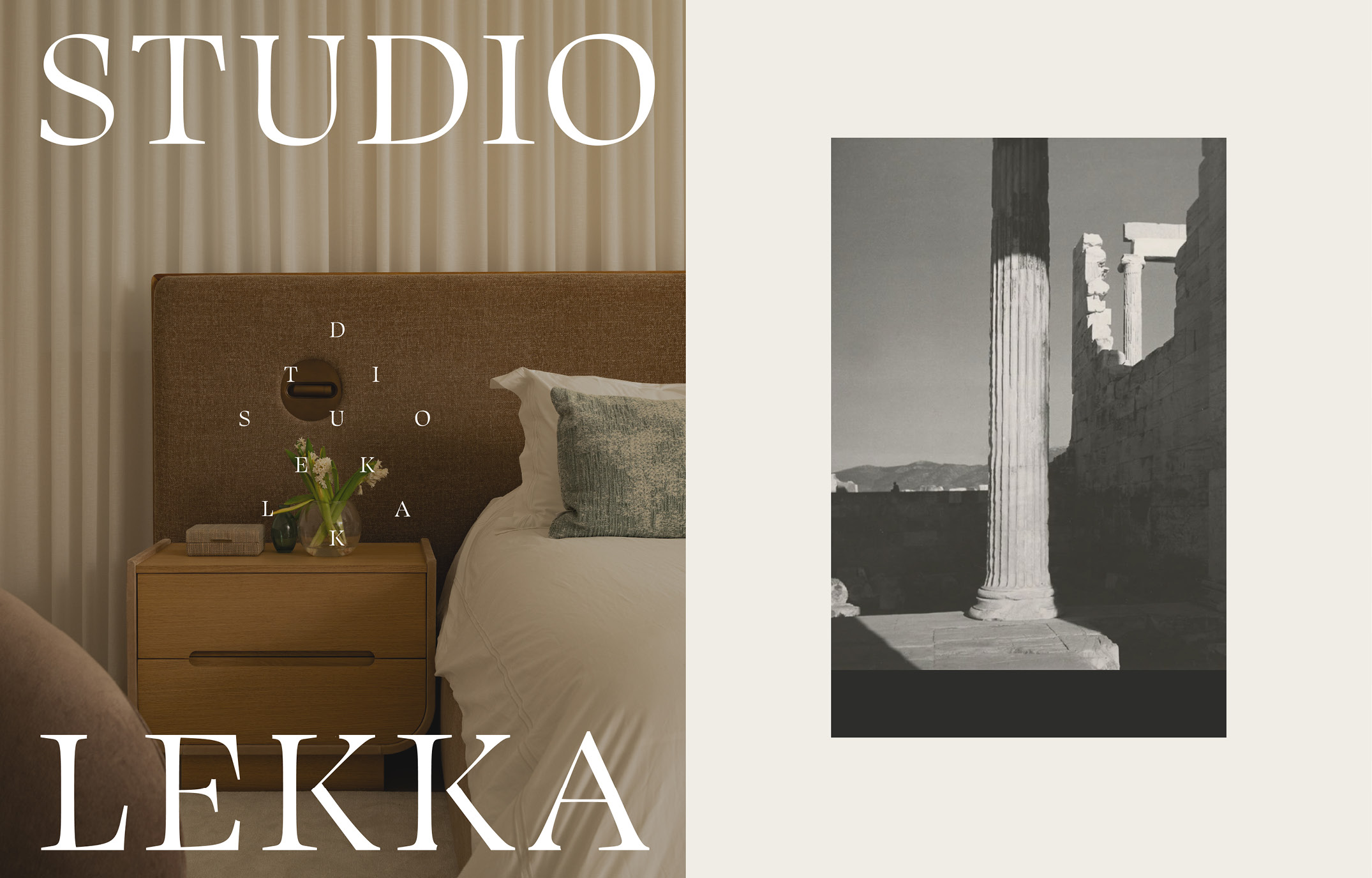 A Studio Lekka bedroom paired with a black-and-white photograph of a weathered Greek column.