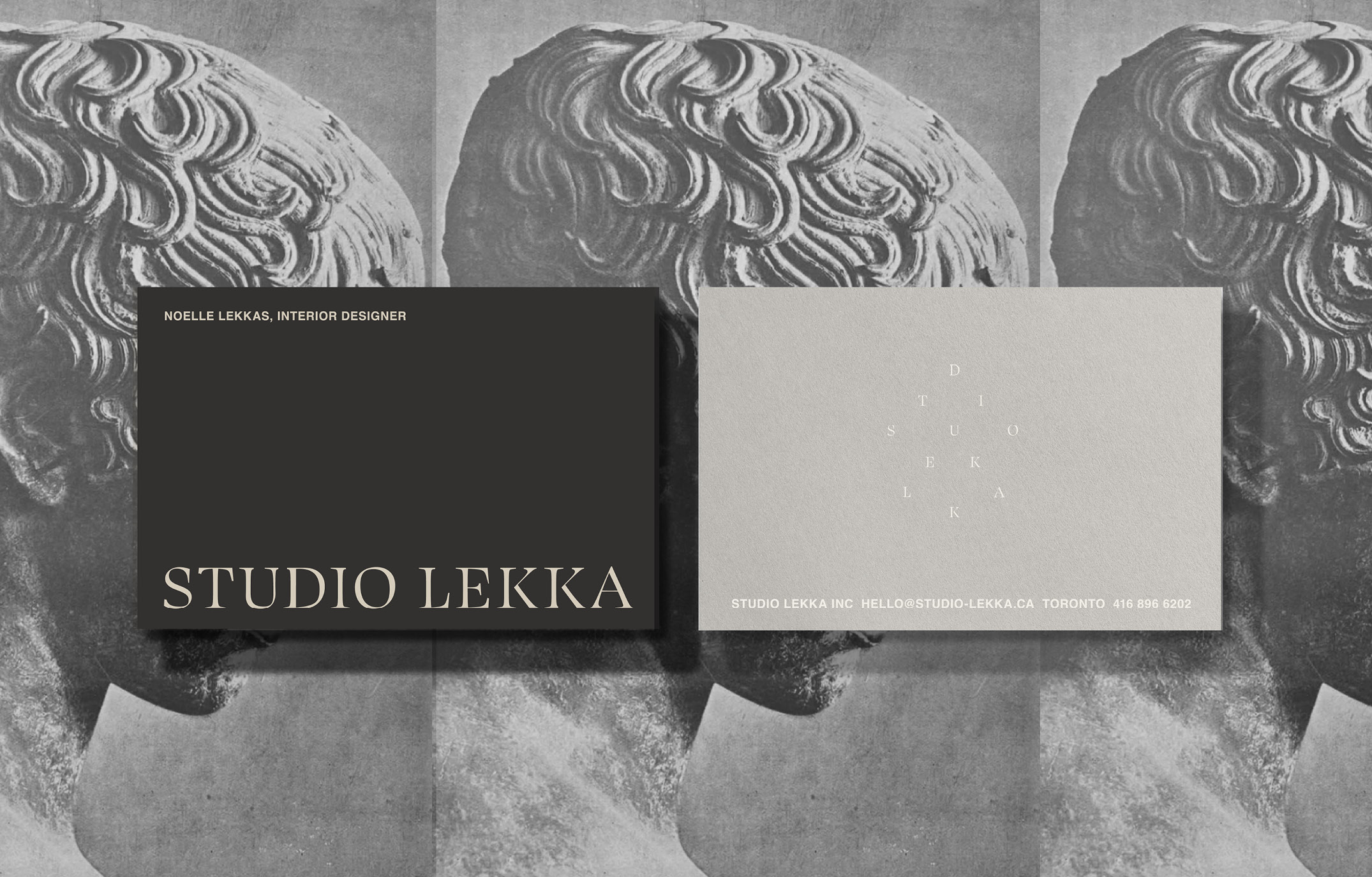 A Studio Lekka bedroom paired with a black-and-white photograph of a weathered Greek column.