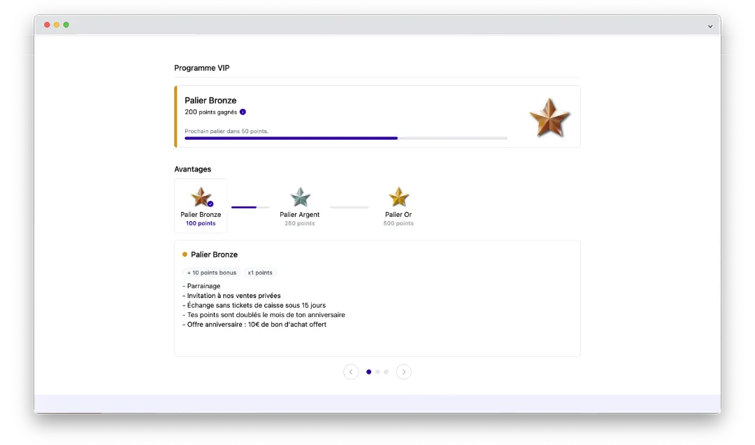 Exemple de progression de status dans le programme de fidélité de SPREAD