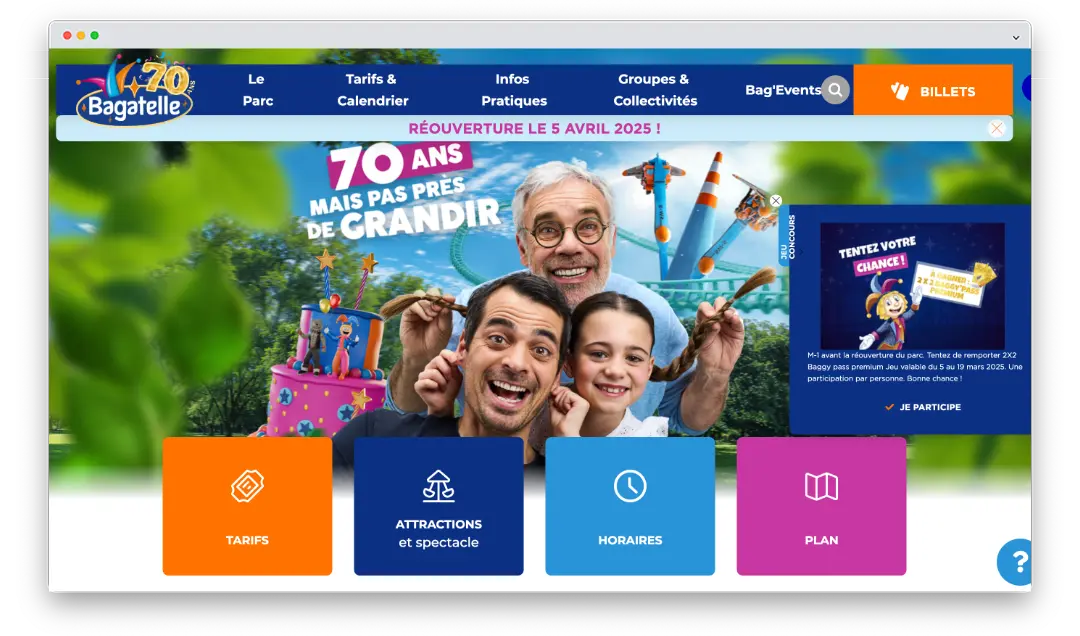 Jeu d'annonce à M-1 de l'ouverture du parc Bagatelle