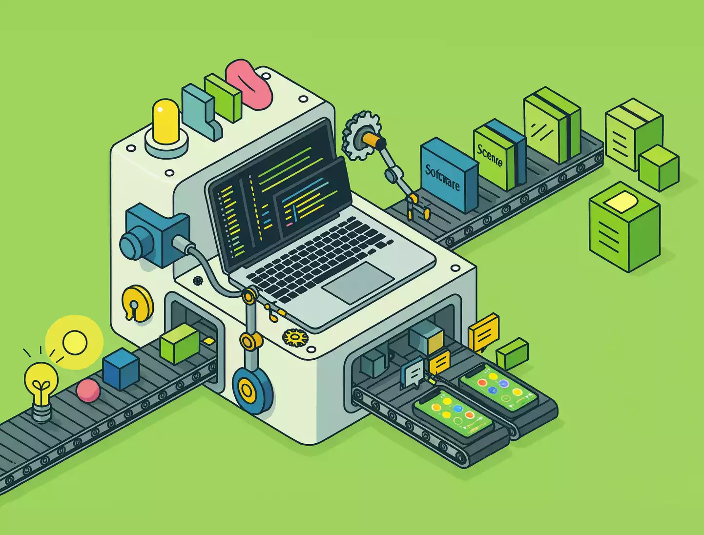 Isometric illustration of a machine turning ideas into software.