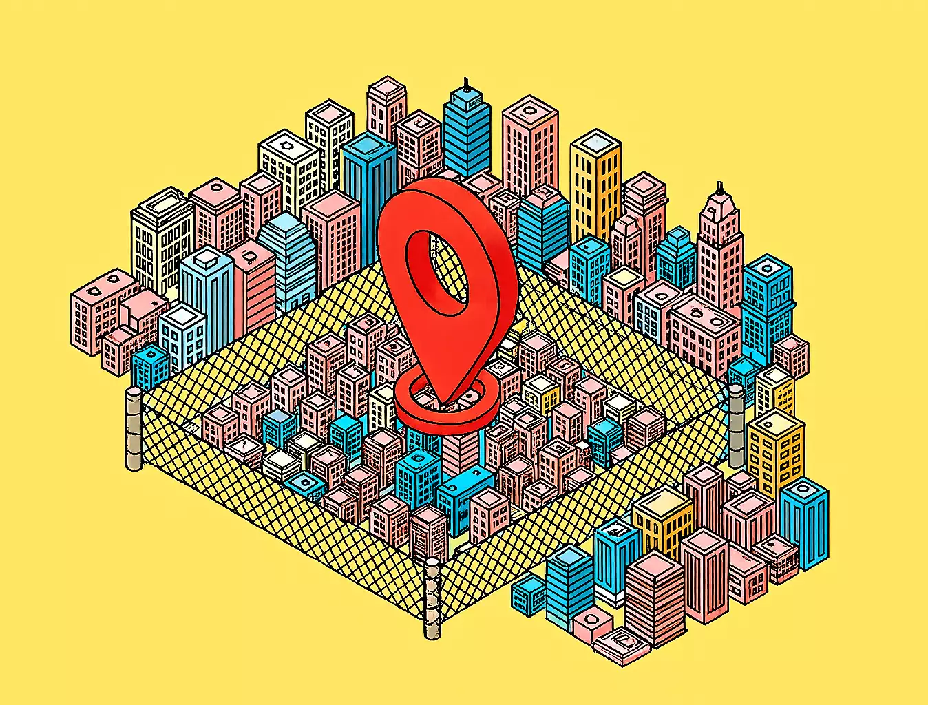 Location pin over a city grid representing geofenced triggers for entering or leaving places.”