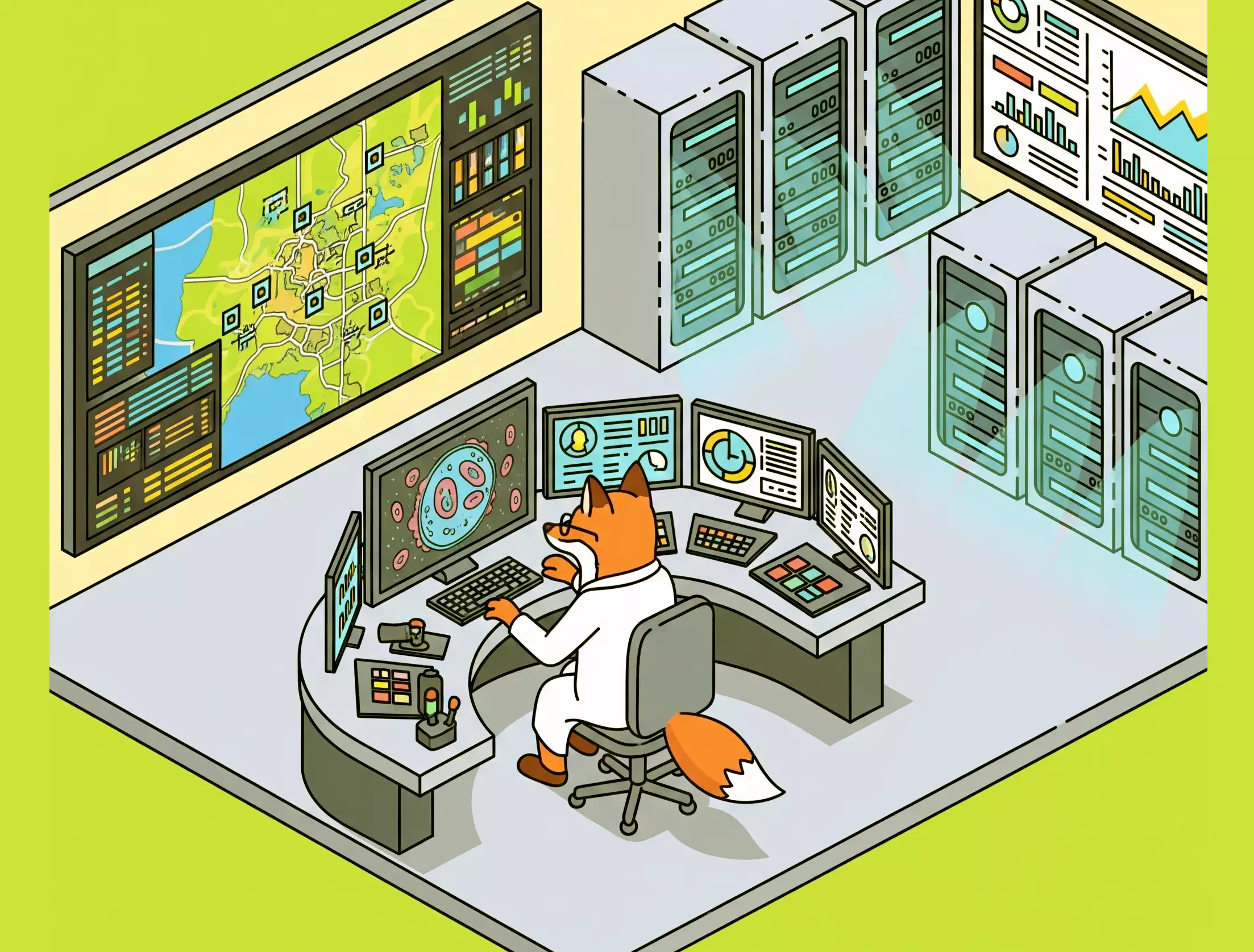 Illustration of a person analyzing real-time data charts on a dashboard, representing the 'Launch' phase of a research project.