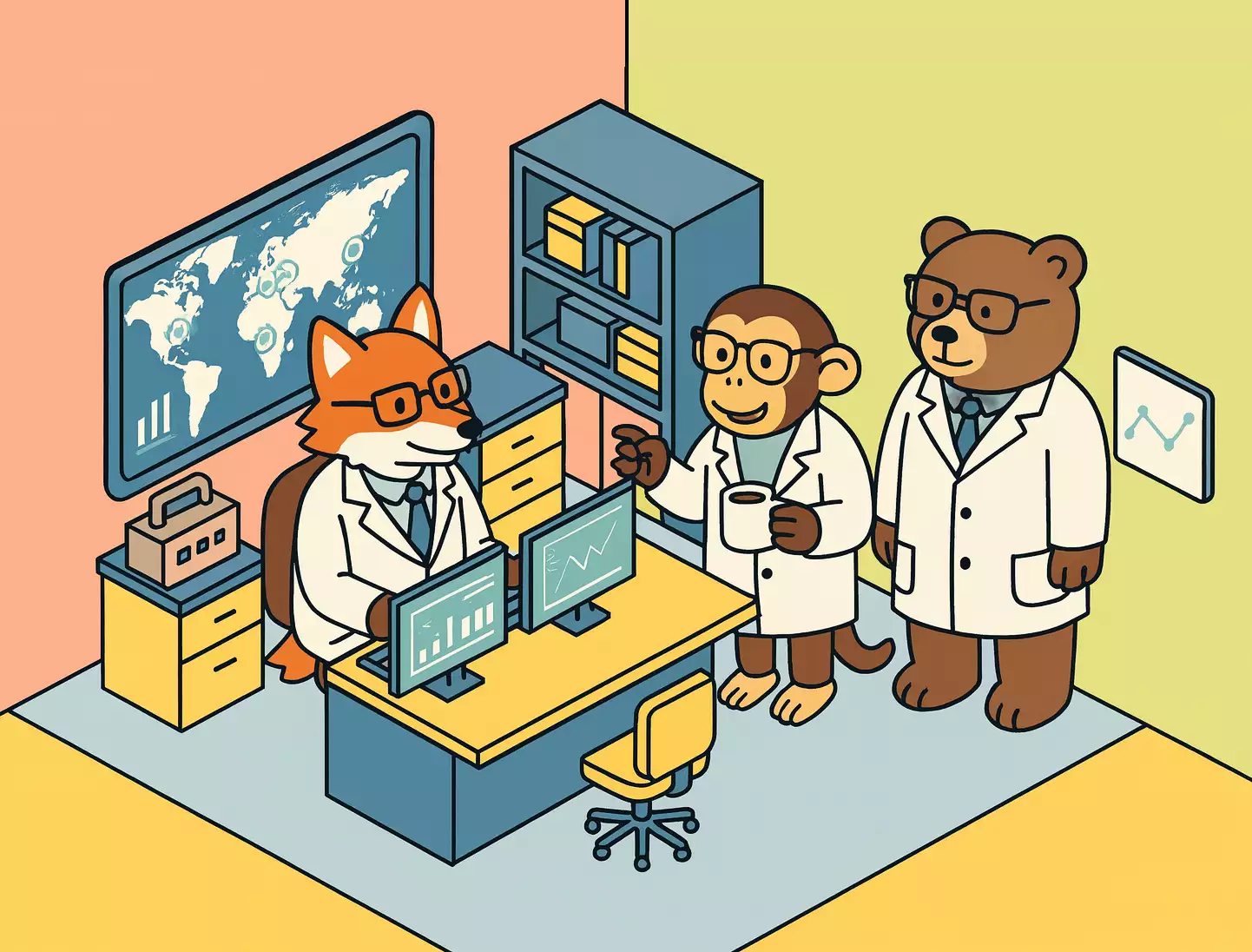 Illustration of a researcher in a lab coat using a computer to create a survey, representing the 'Create' step of the ExpiWell process.