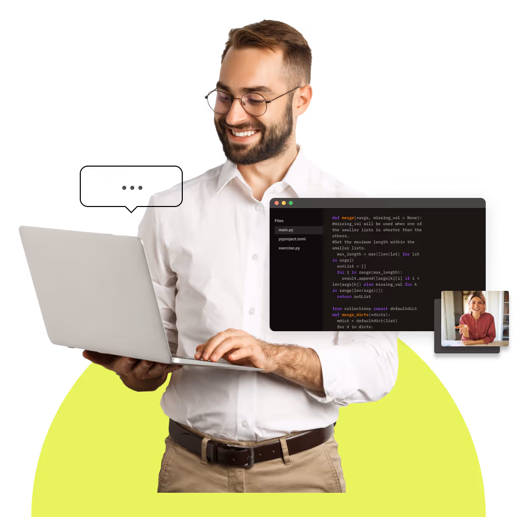 Developer with a laptop, code and a video call