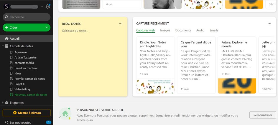 Evernote écran d'accueil