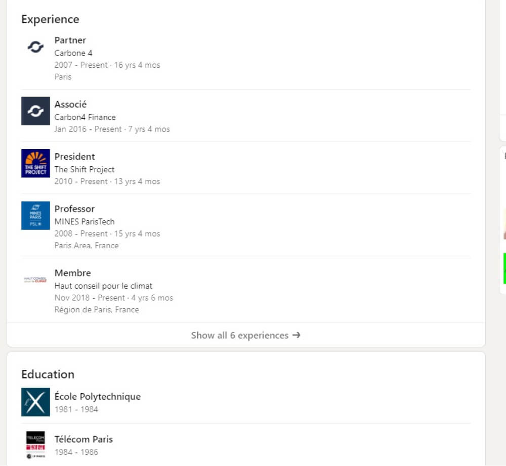 section expériences professionnelles