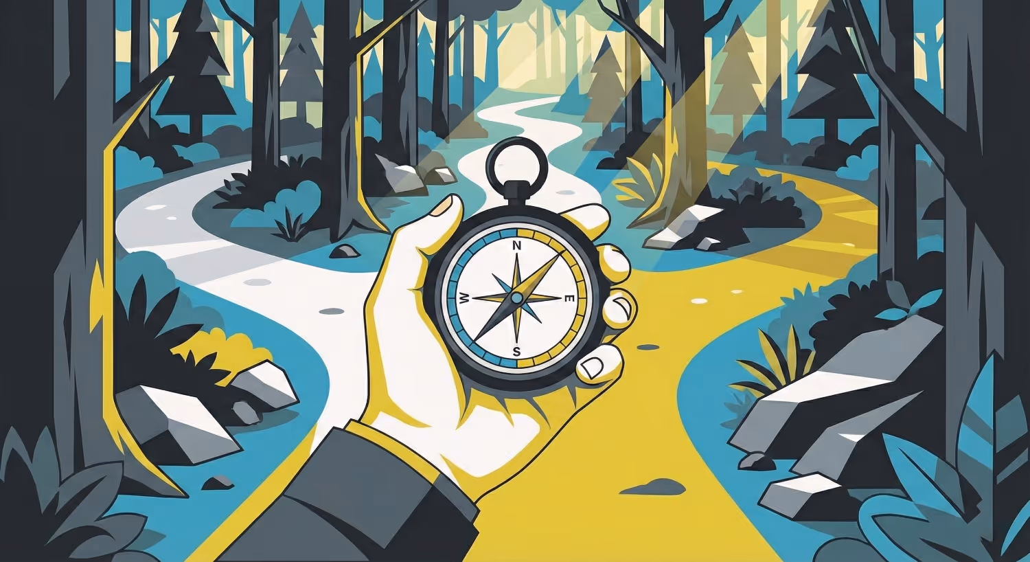 Illustration of a hand holding a compass at a fork in a forest path, one path white and one path yellow.