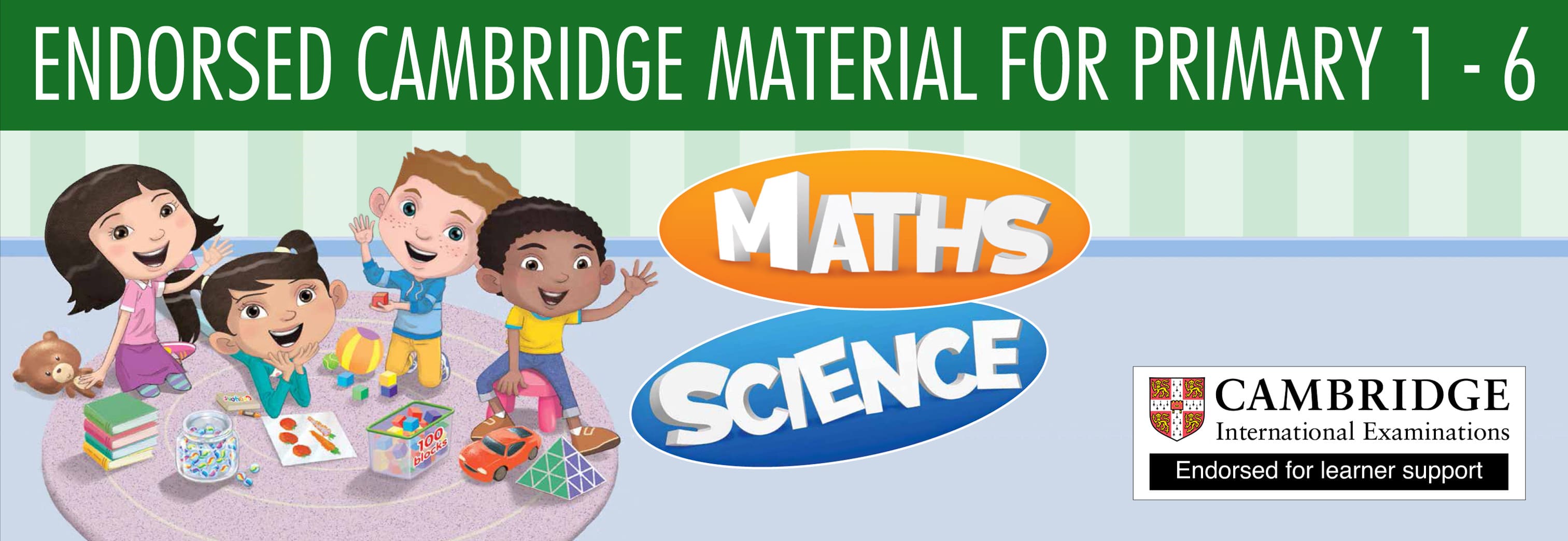 Banner for Marshall Cavendish Cambridge Primary Maths & Science homeschool curriculum provider.