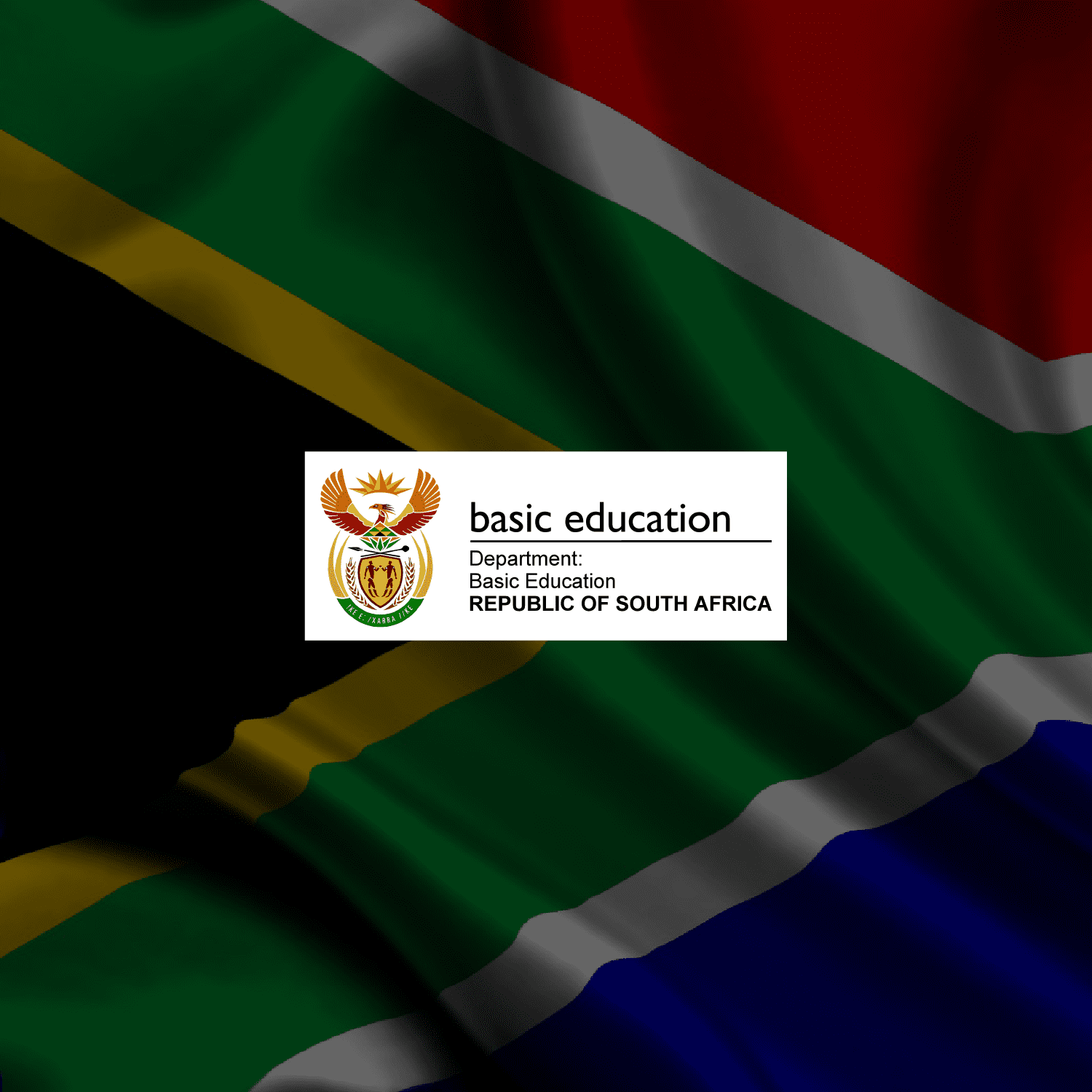 RSA National Department of Basic Educaton logo with South African flag in the background.
