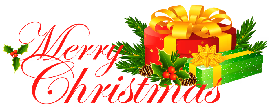 Merry Christmas script with holly and wrapped packages