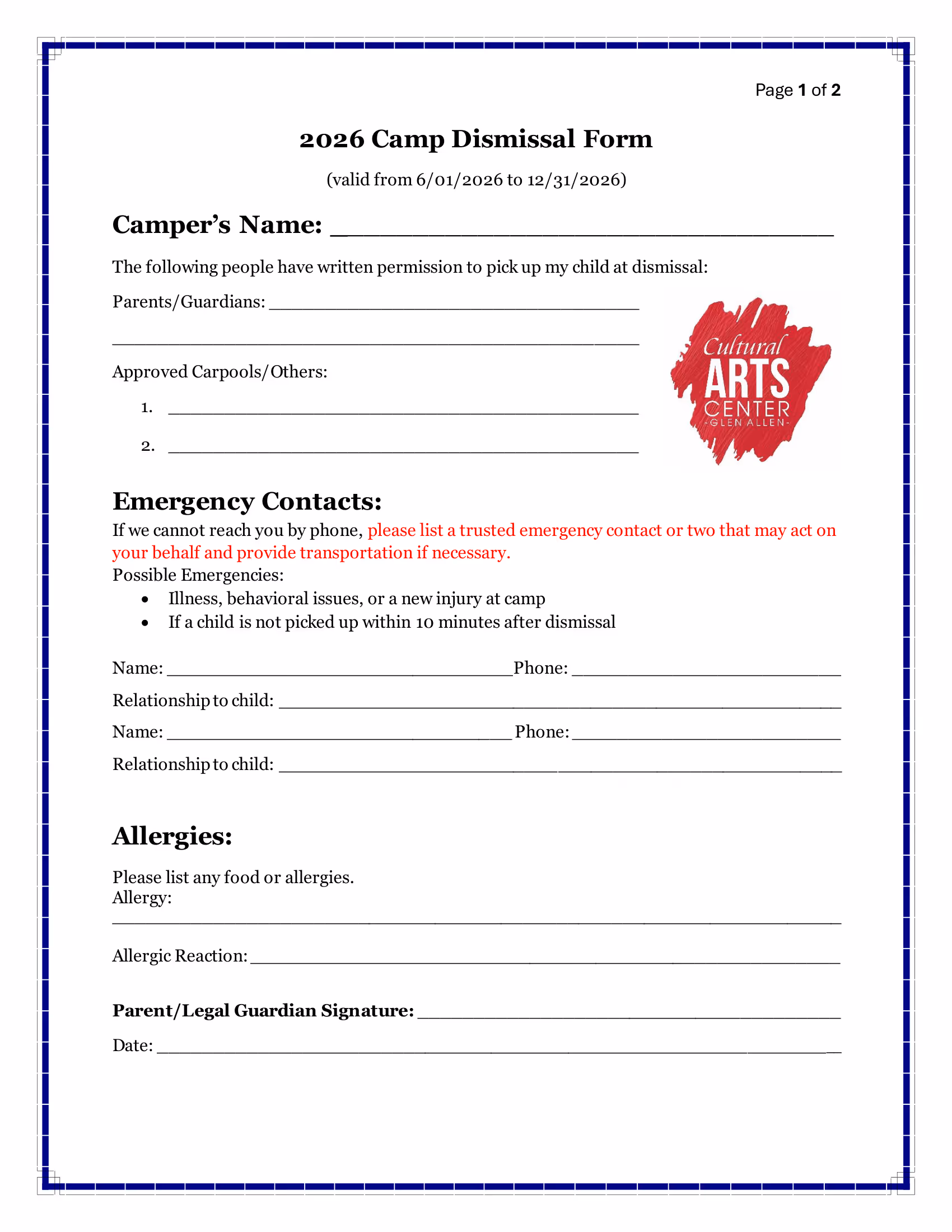 Summer camp dismissal form 2026 - click to download