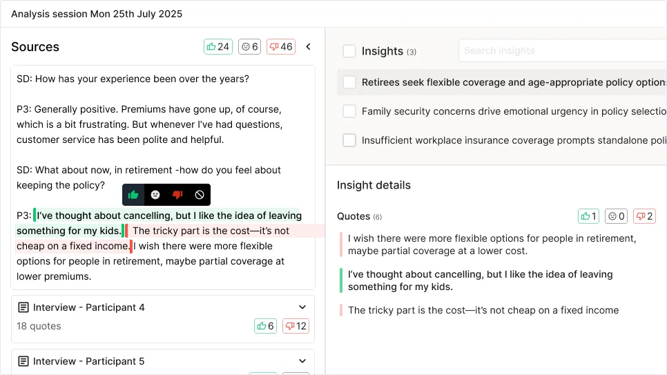 Insight details in Smaply's Research Hub with linked evidence