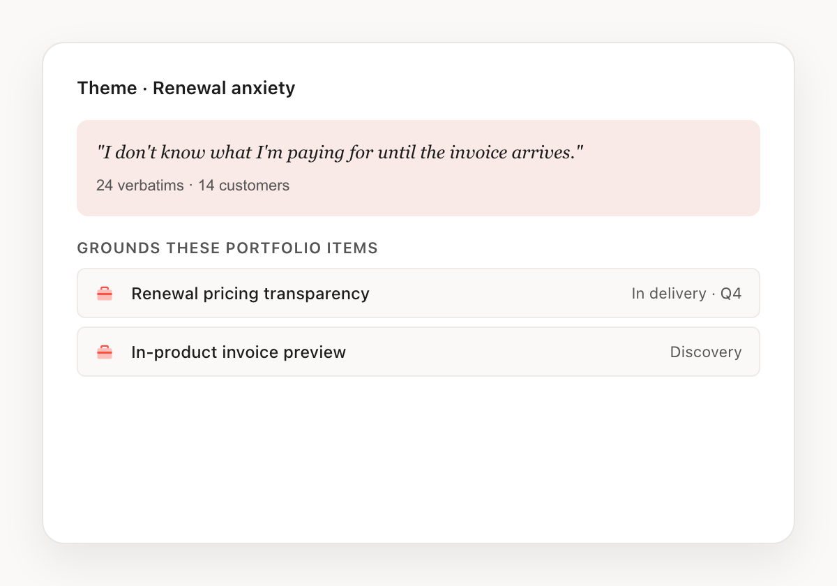 A research theme grounding portfolio items in Smaply, with evidence counts and delivery status