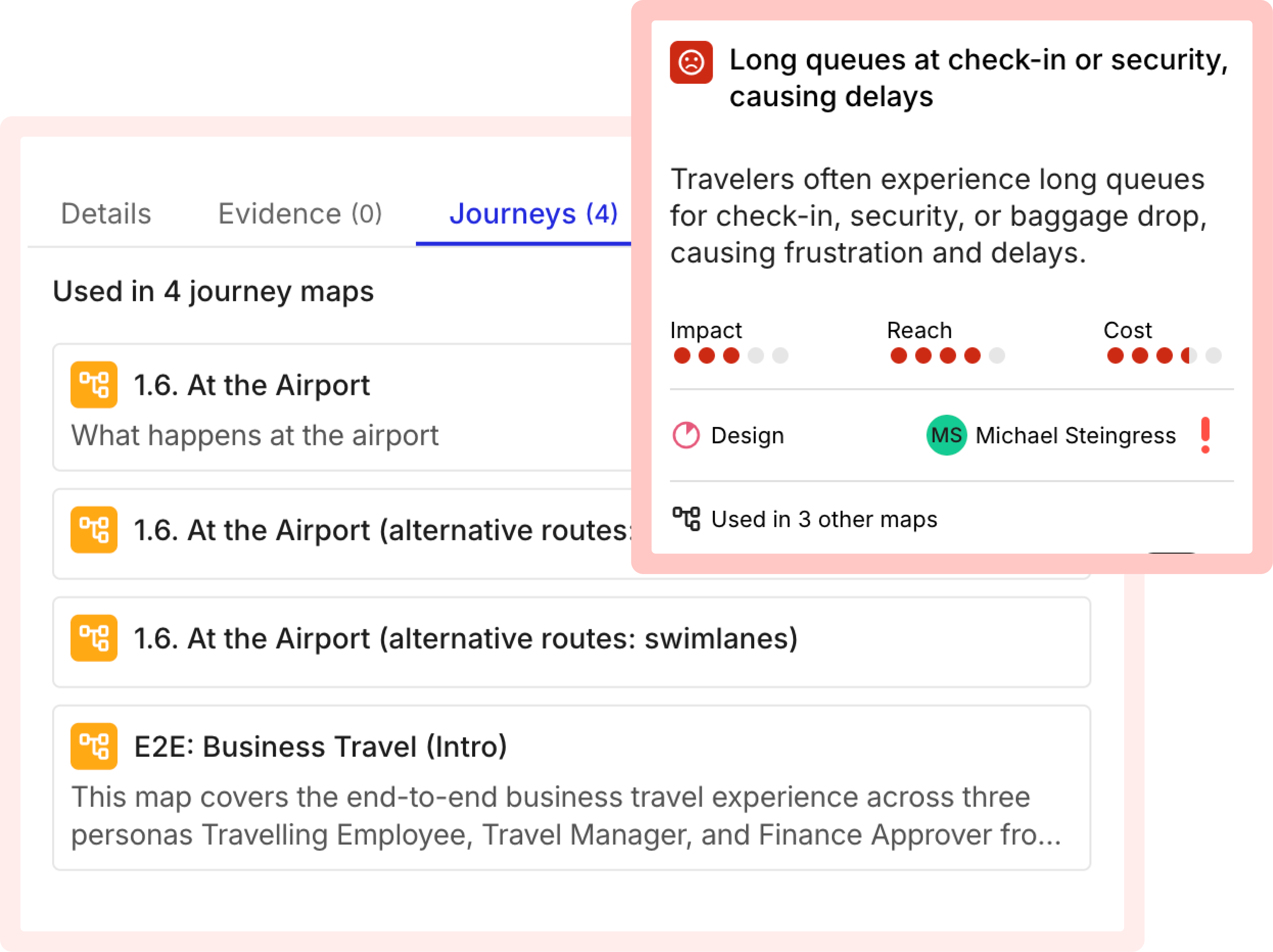 One Smaply pain point reused across several journey maps with usage count