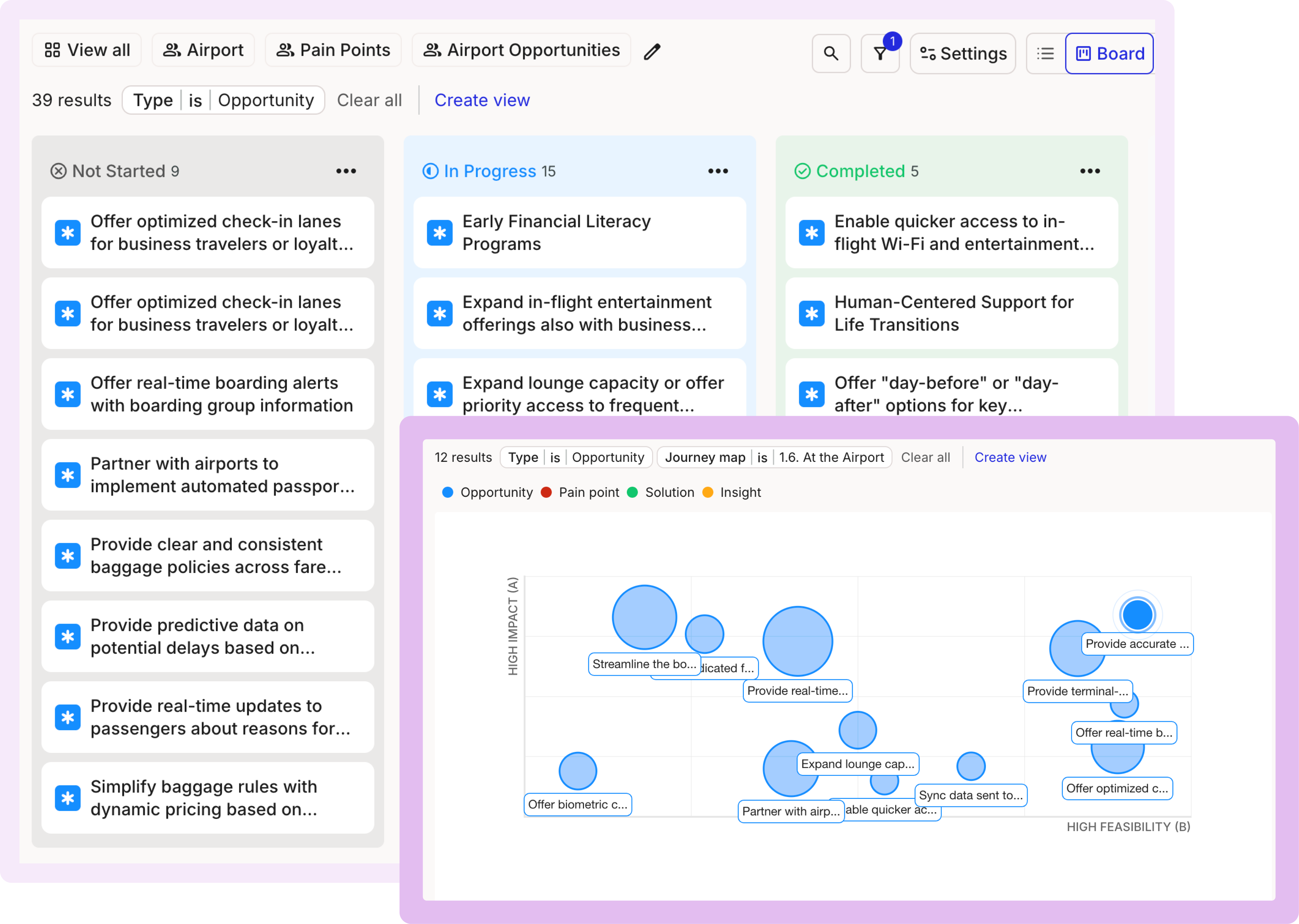 Smaply portfolio matrix: items plotted by impact and feasibility for workshop prioritization