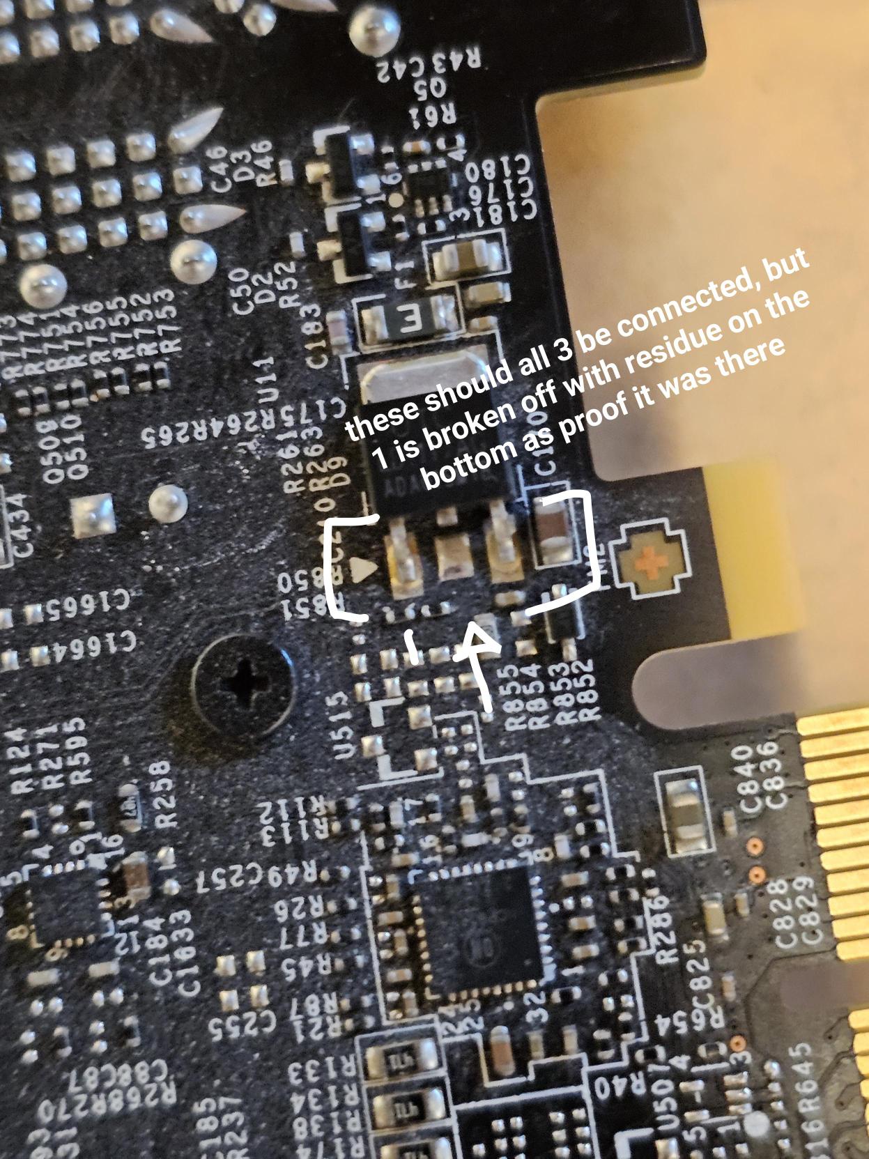 ne of the components on the graphics card had physically failed, leaving residue behind on the board.