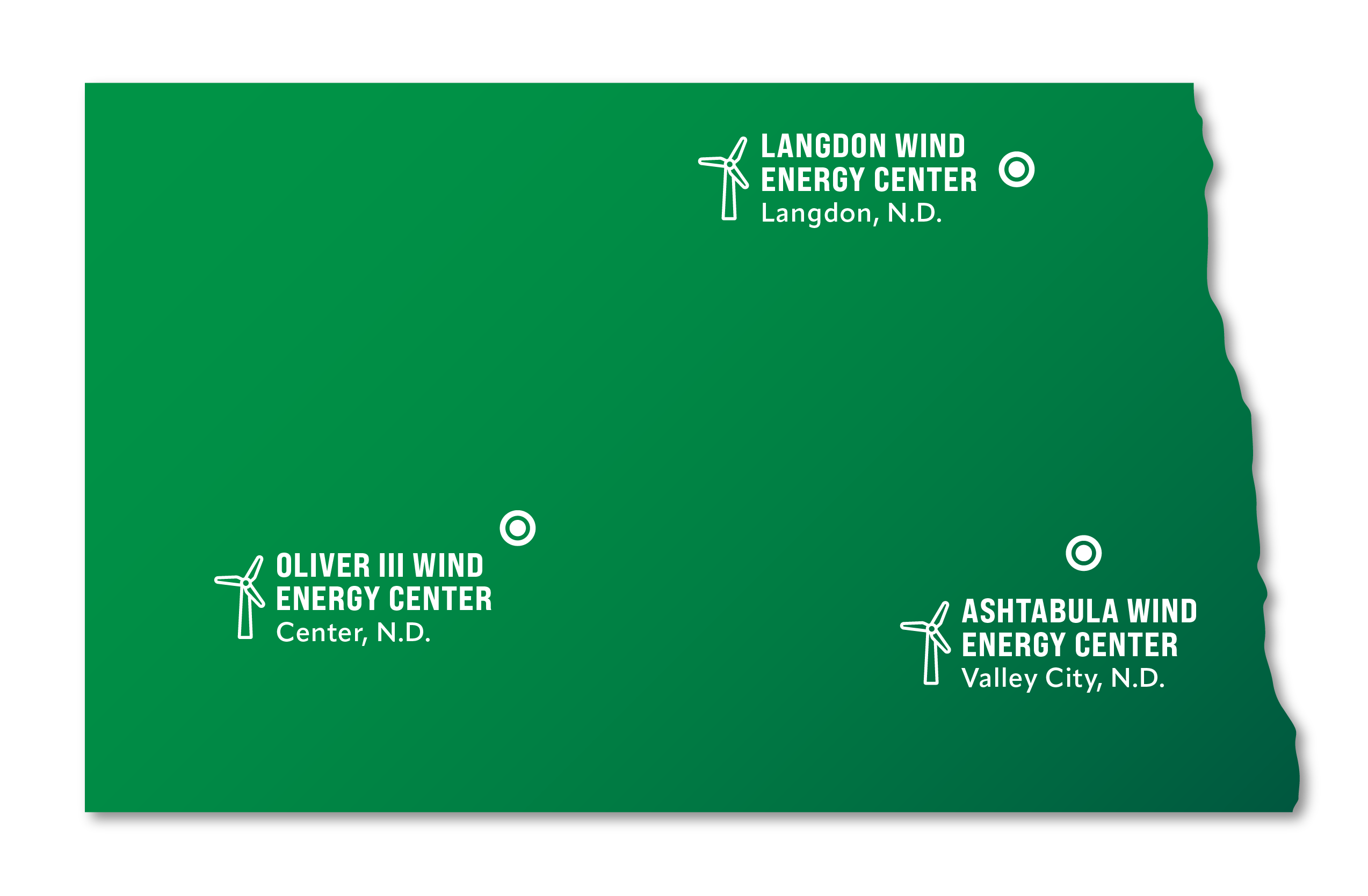 Map of Minnkota's wind energy locations in North Dakota.