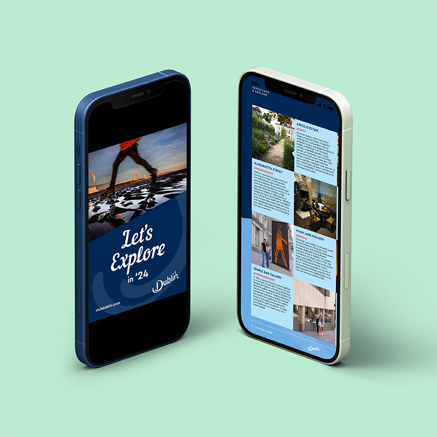 two mobile phones displaying an online brochure called Lets Explore in 24