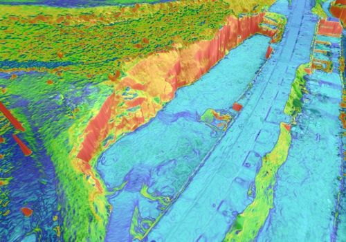 Photogrammetry image showing slope steepness as a colour gradient