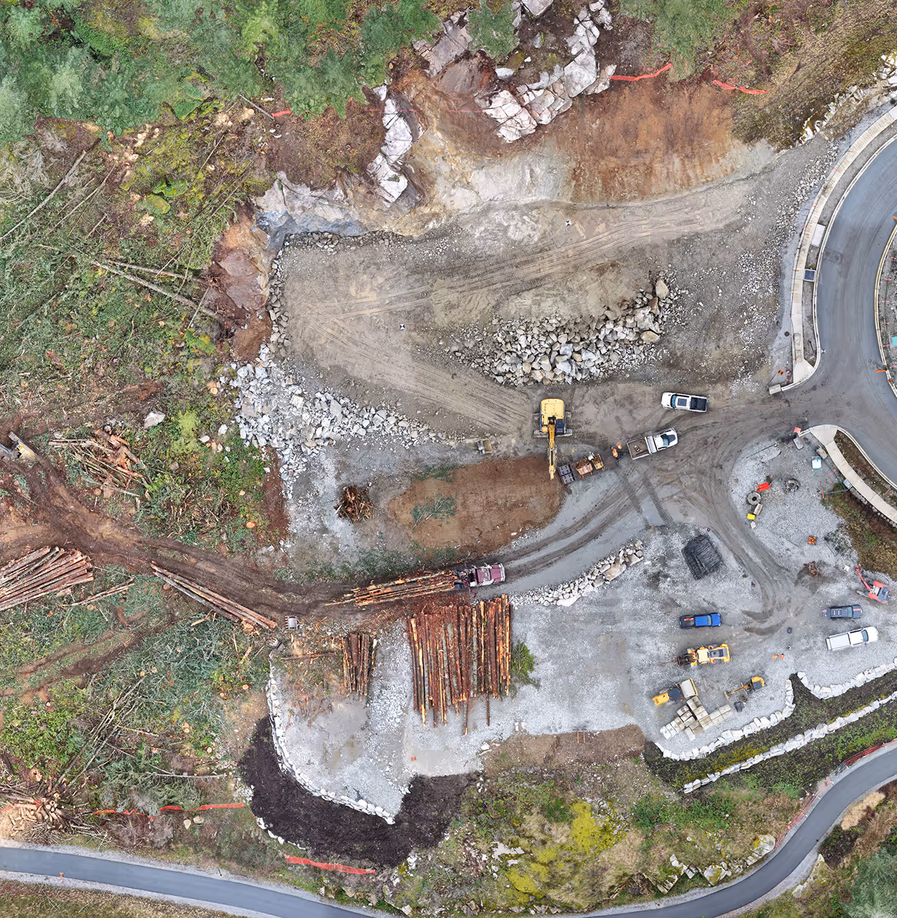 Aerial view of an active construction and quarry site