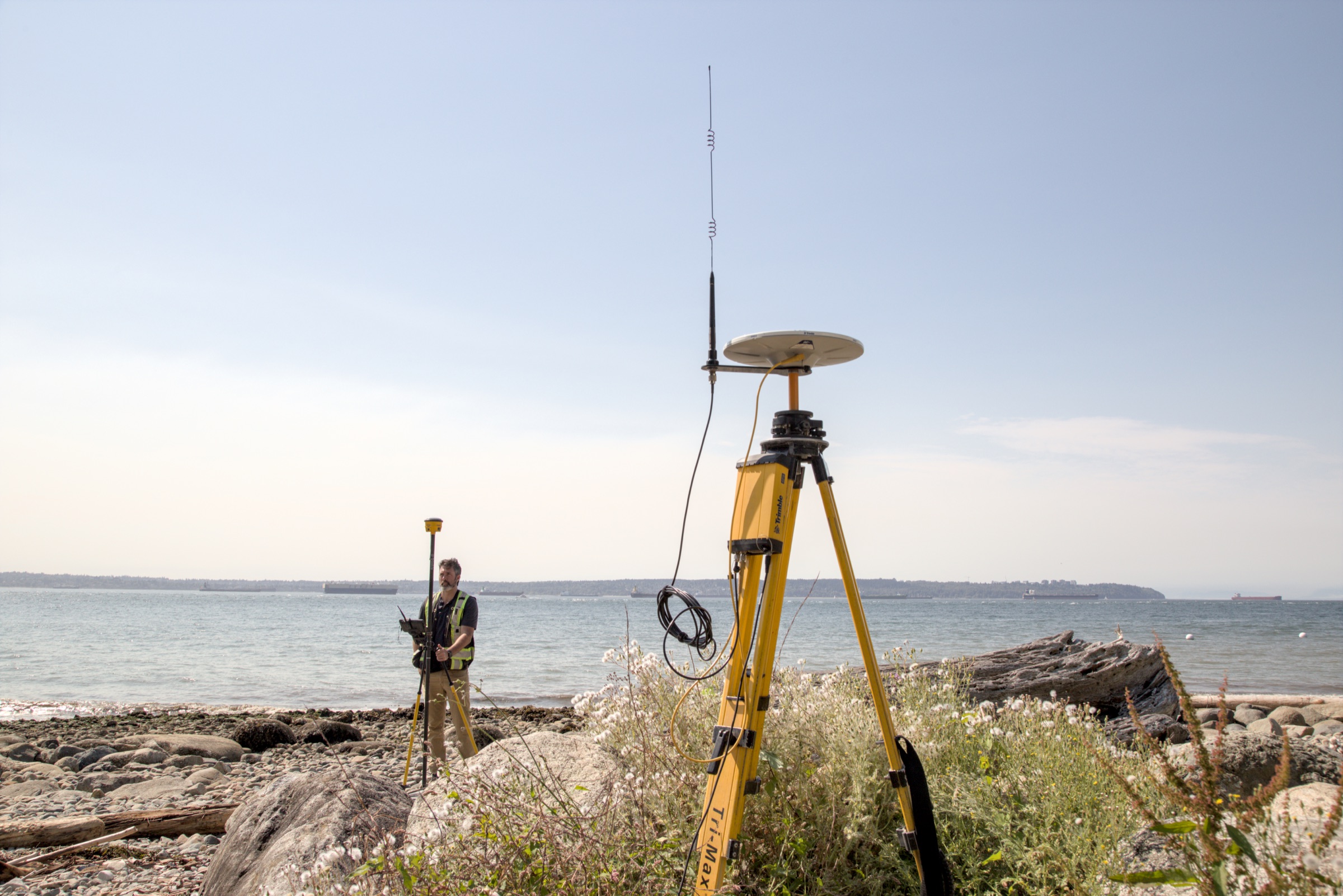 Survey-grade GNSS equipment in use on a British Columbia shoreline