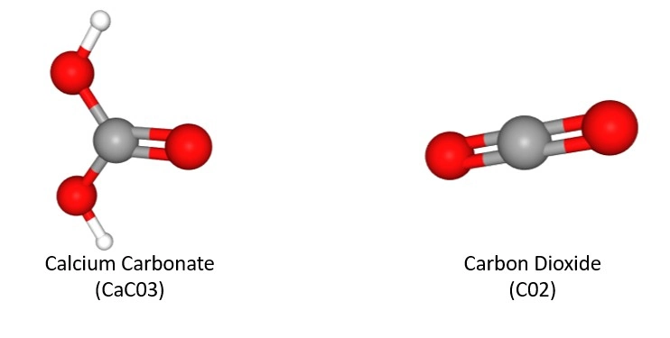 Calcium Carbonate molecule alongside a Carbon Dioxide molecule.