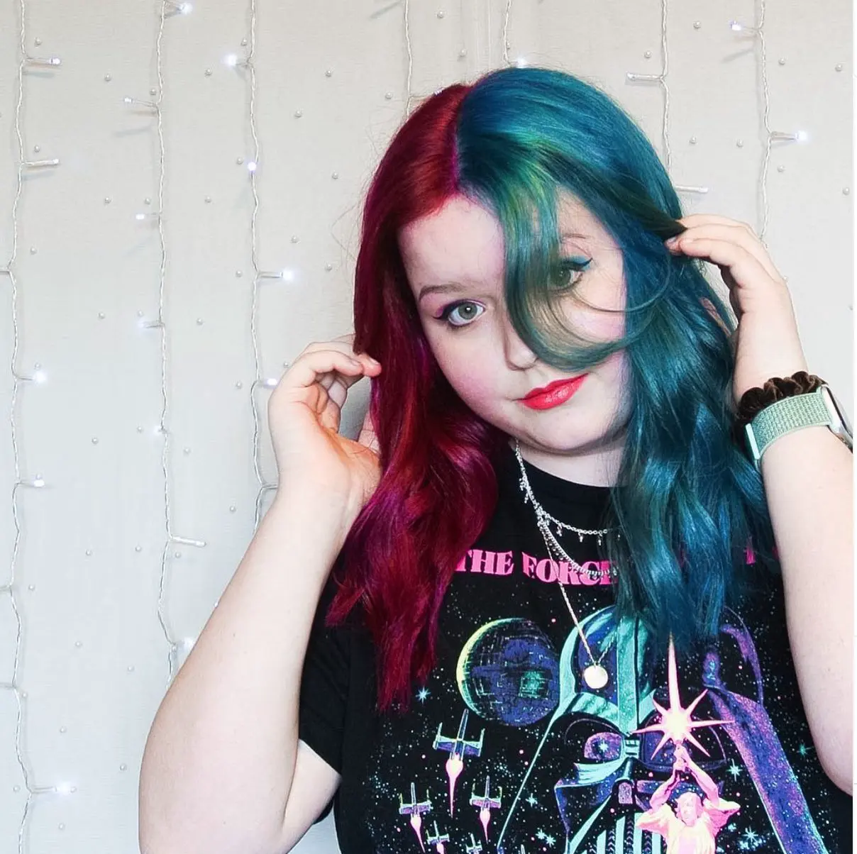 Teenage girl with blue and pink hair