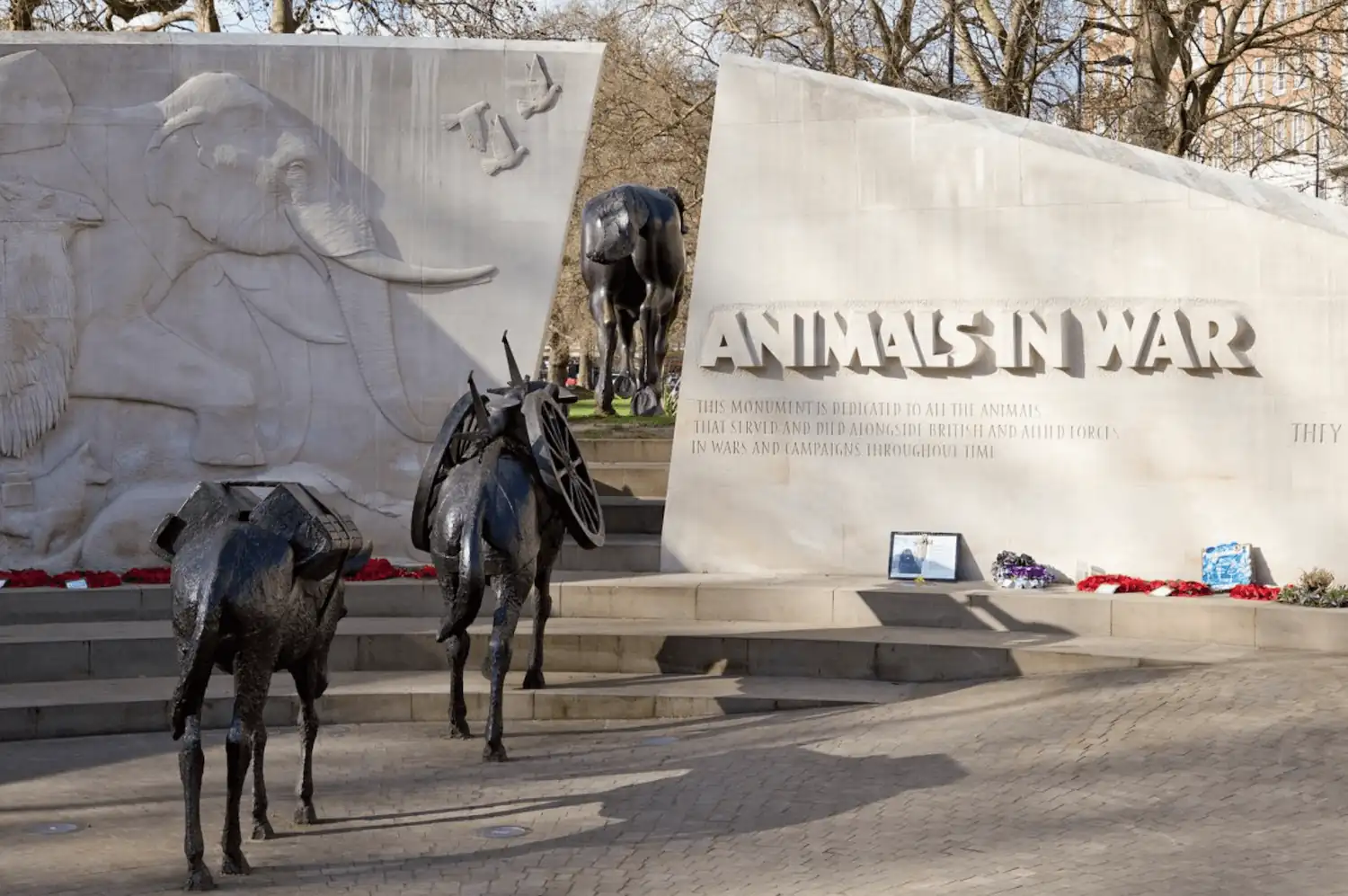 Animals in War Memorial at Brook Gate (near Hyde Park) in London, England.