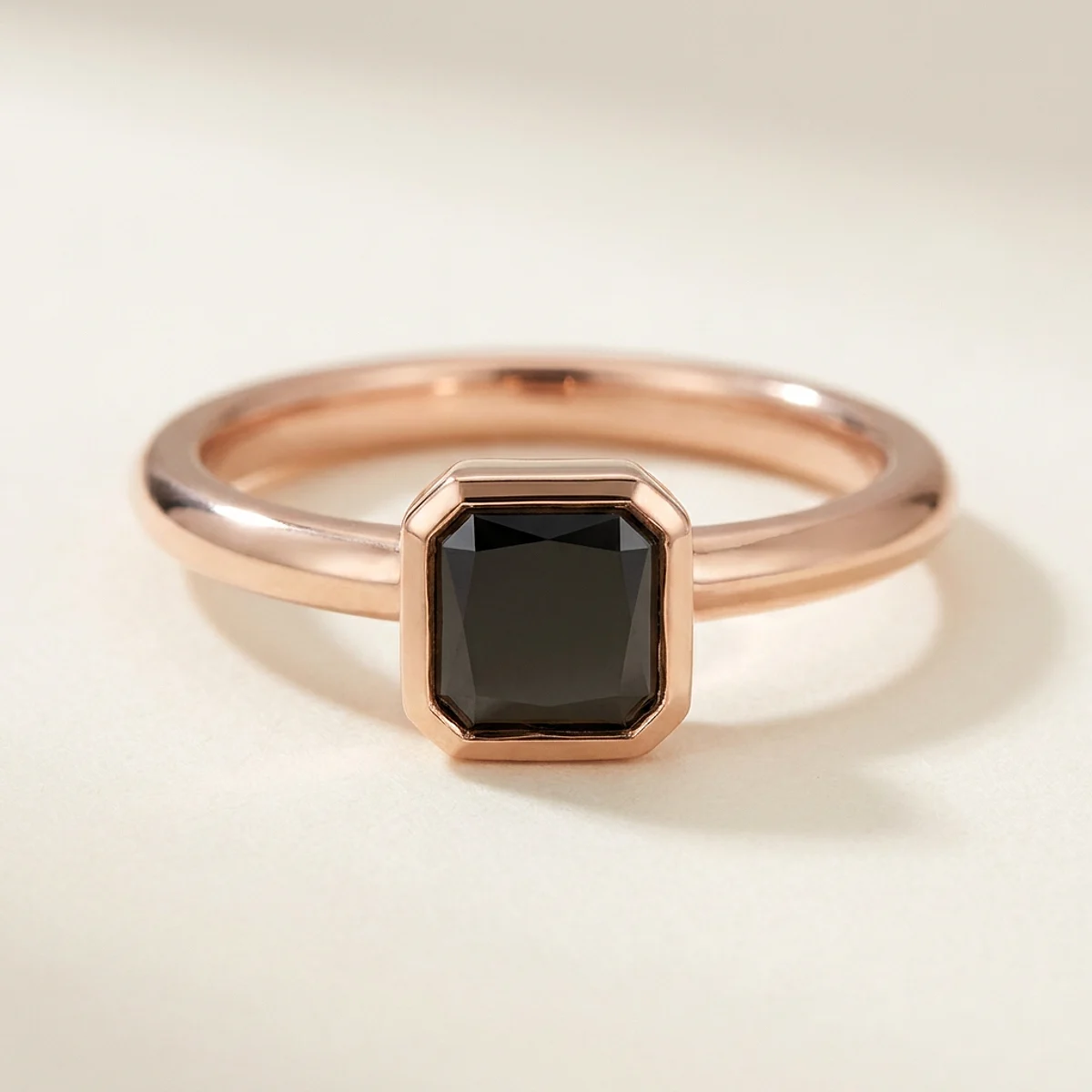 A .75ct black square radiant diamond on a rose gold ring, custom-designed by Eterneva to honor the remarkable Roo.