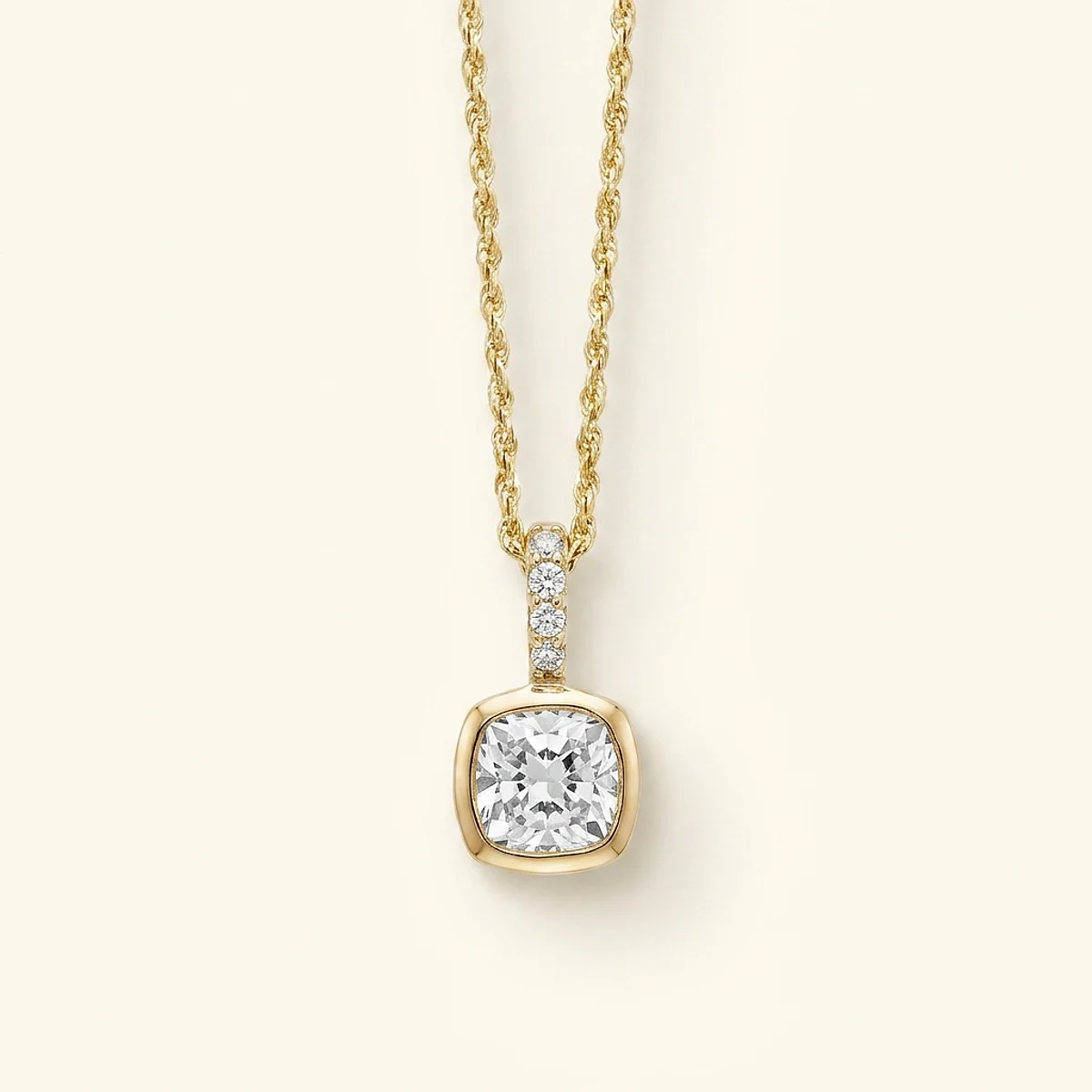 A .75ct colorless cushion diamond on a yellow gold necklace, custom-designed by Eterneva to honor the remarkable Ric.